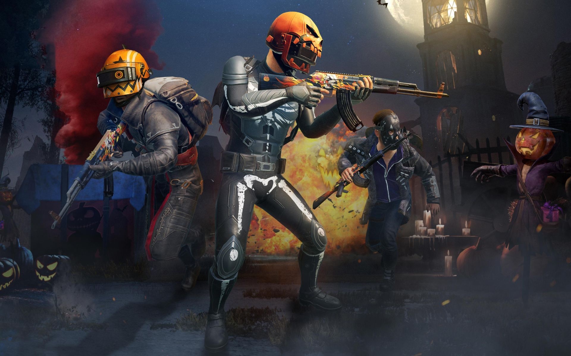 Pumpkin Level 3 helmet, Skeleton bodysuit PUBG soldier, AKM assault rifle, Halloween pumpkin scarecrow, HD Desktop wallpaper