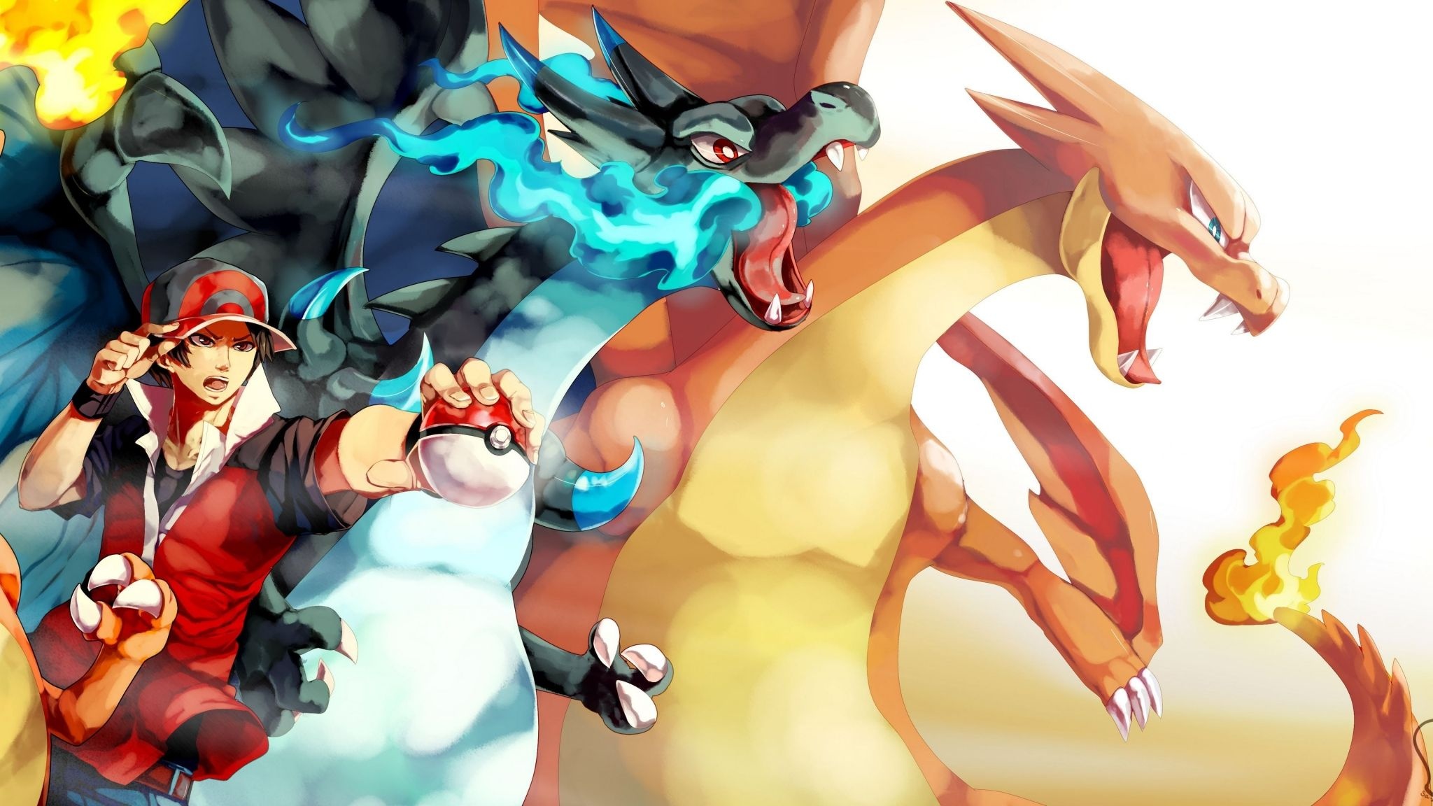 Mega Charizard X, Mega Charizard Y, Pokémon Trainer Red, Poké Ball, HD Desktop wallpaper