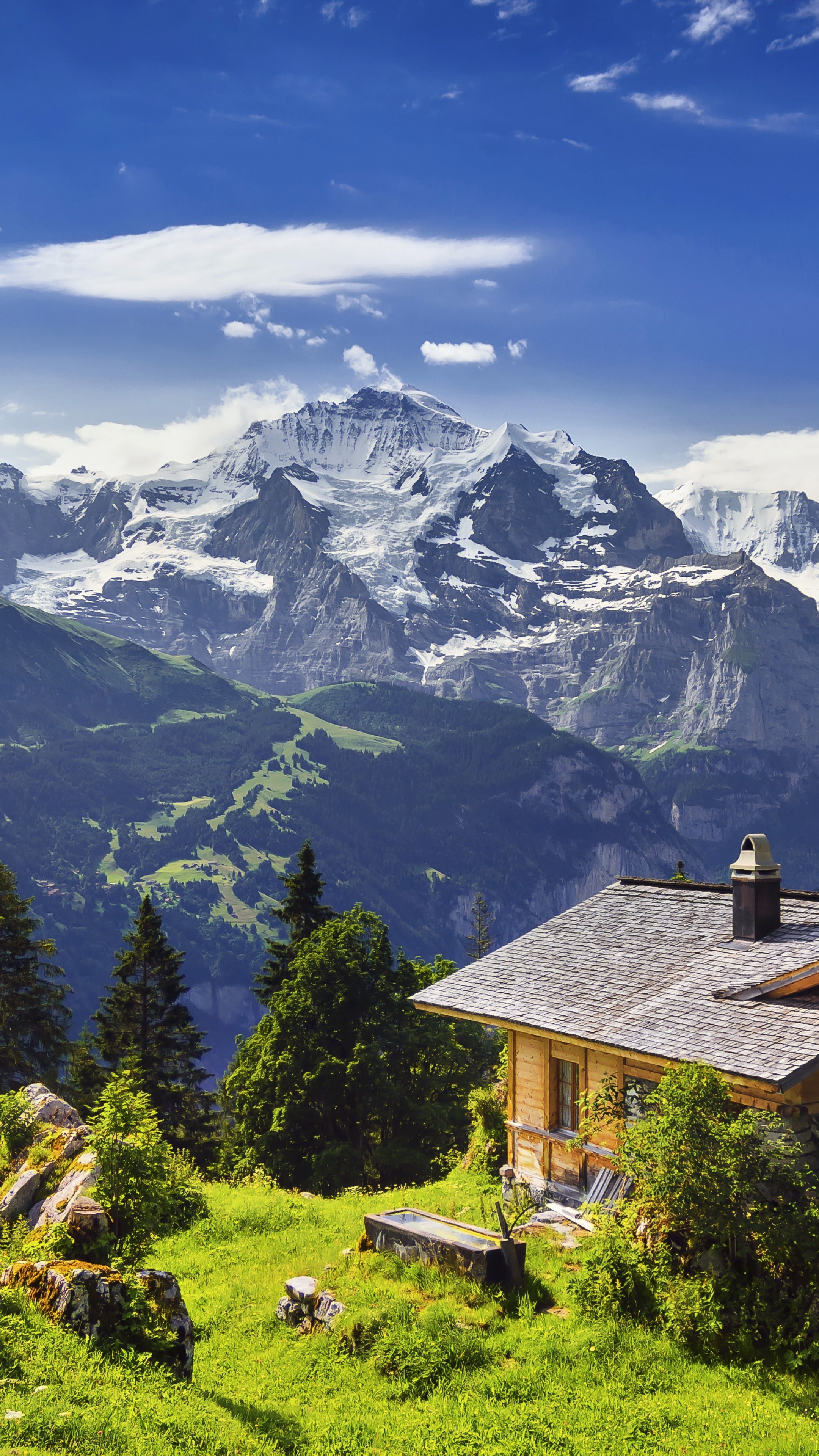 Jungfrau peak, Wooden alpine chalet, Lush alpine meadow, 4K Phone wallpaper