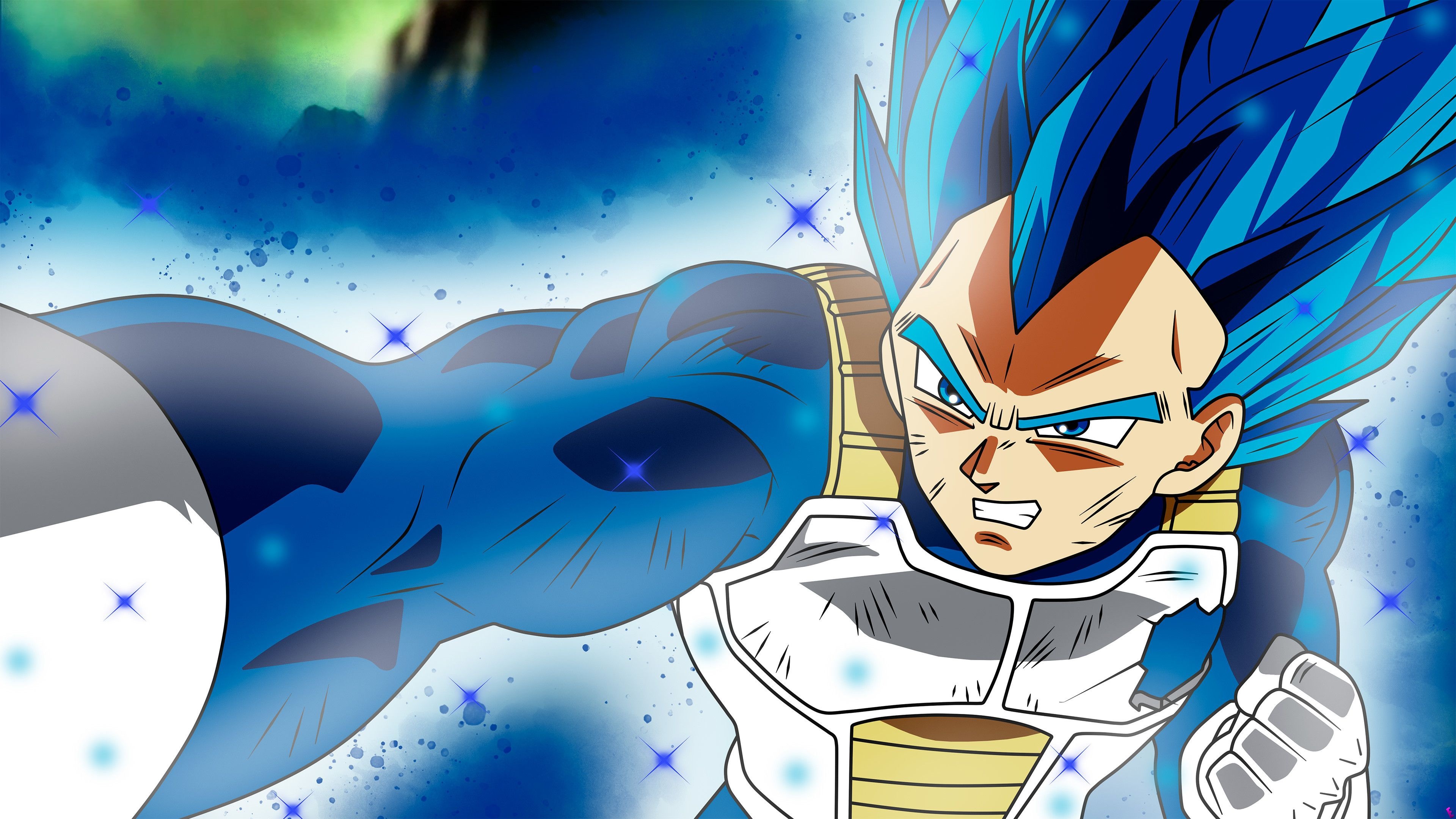 Super Saiyan Blue Vegeta, Saiyan battle armor, Sparkling blue energy aura, 4K Desktop wallpaper