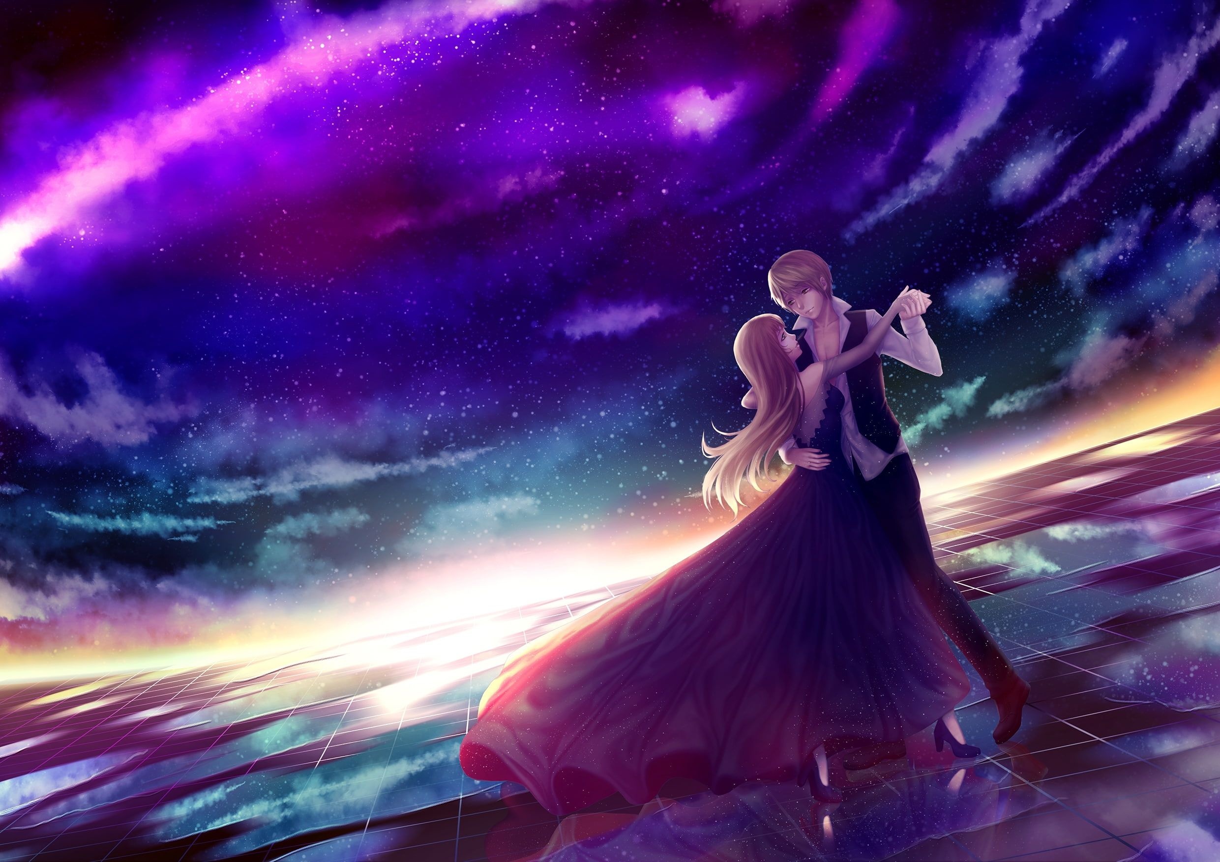 anime couple ballroom dancing, reflective grid floor, purple starry nebula sky, HD Desktop wallpaper