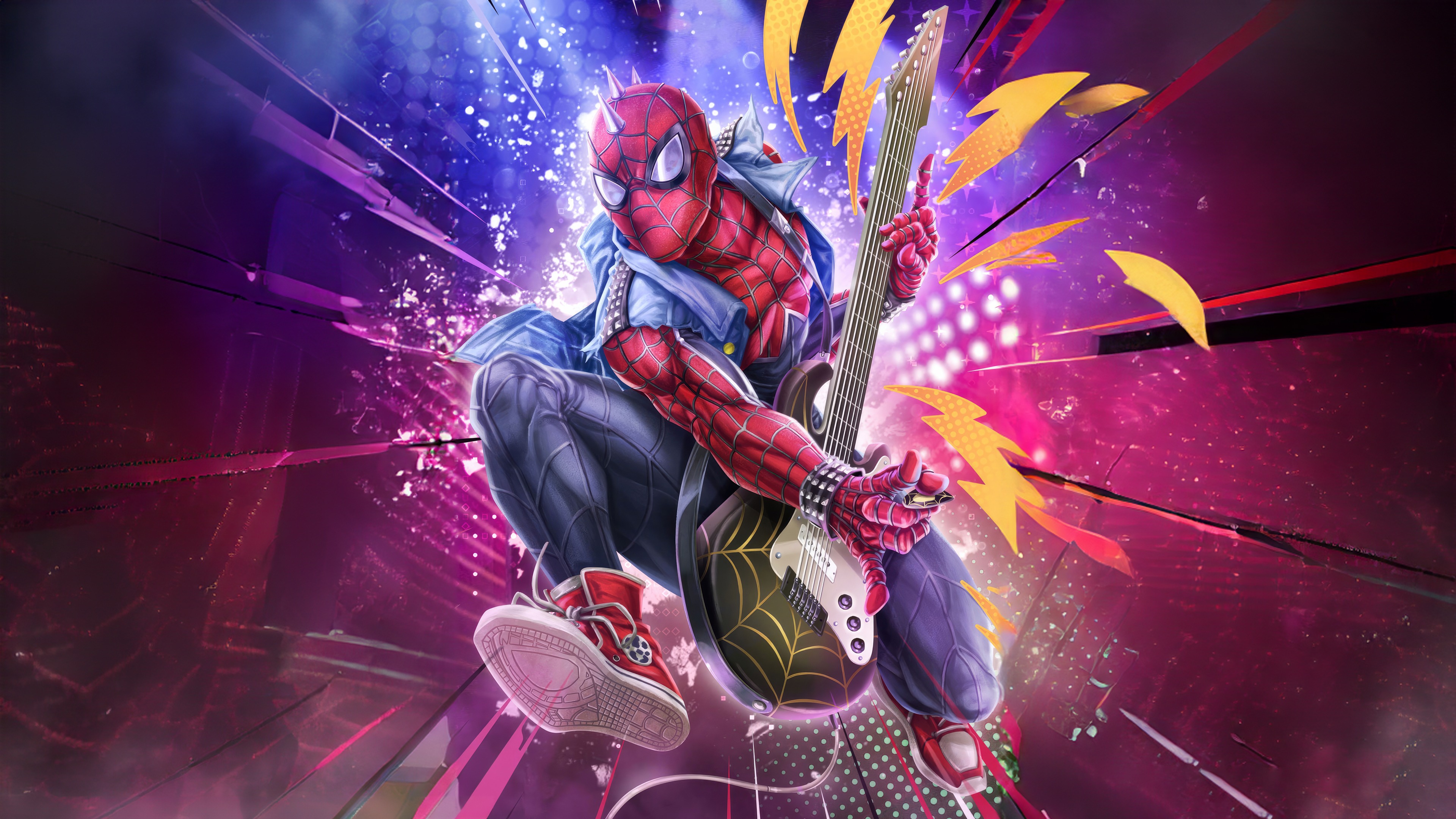 Spider-Punk (Hobie Brown), Spider-Man, Jumping with electric guitar, Spiked mask and vest, Purple stage lighting, 4K Desktop wallpaper