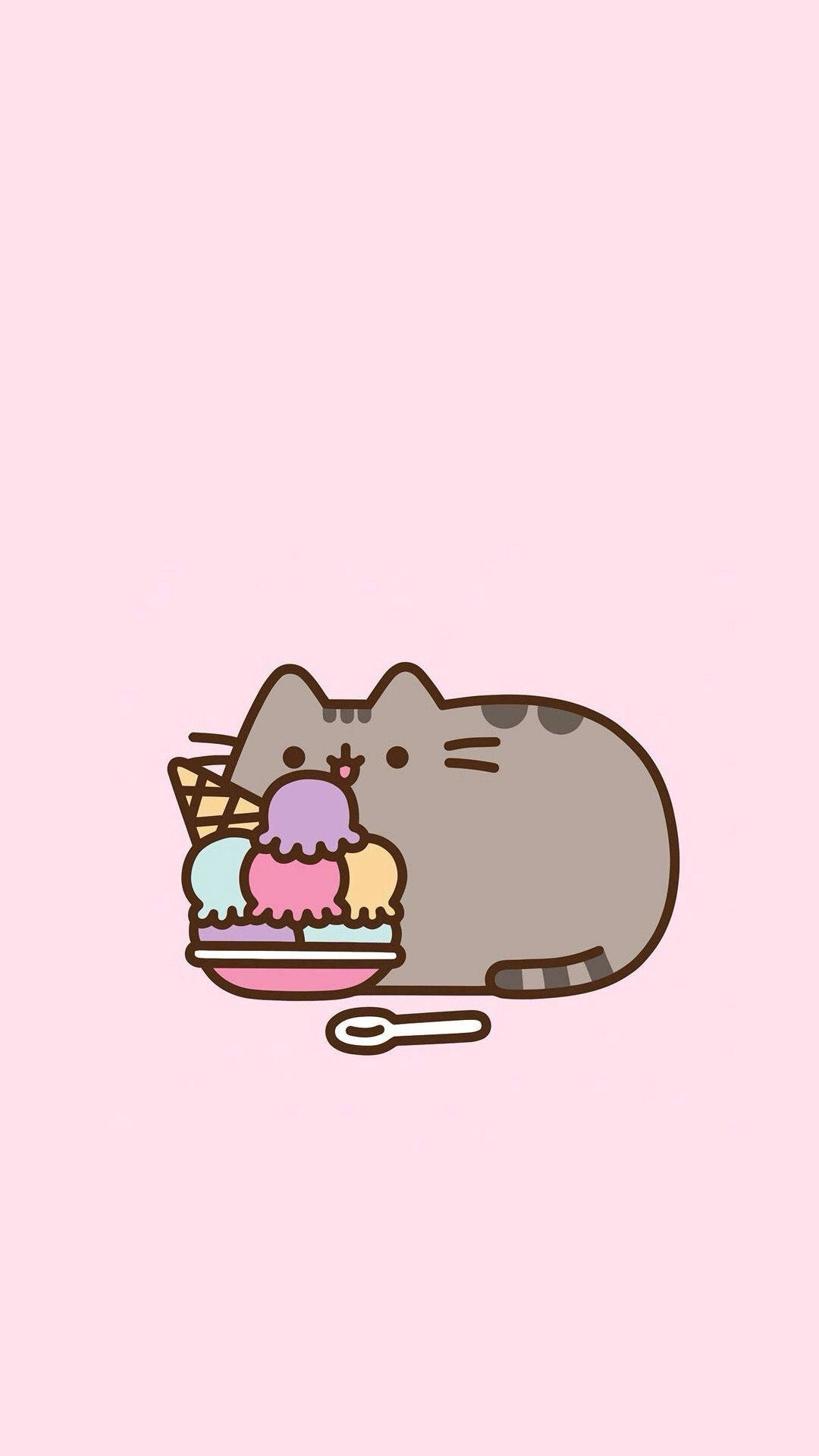 Pusheen the Cat, Pastel ice cream sundae, Pink minimalist background, Full HD Phone wallpaper
