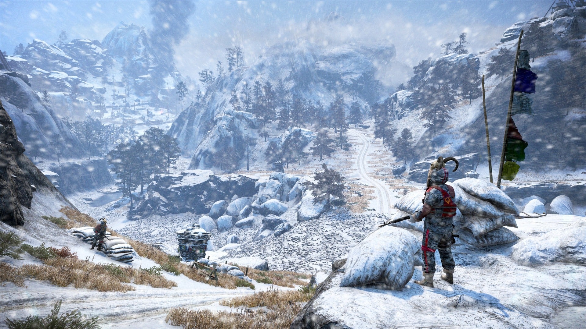 Royal Guard soldier, Snowy Kyrat mountain pass, Tibetan prayer flags, Full HD Desktop wallpaper