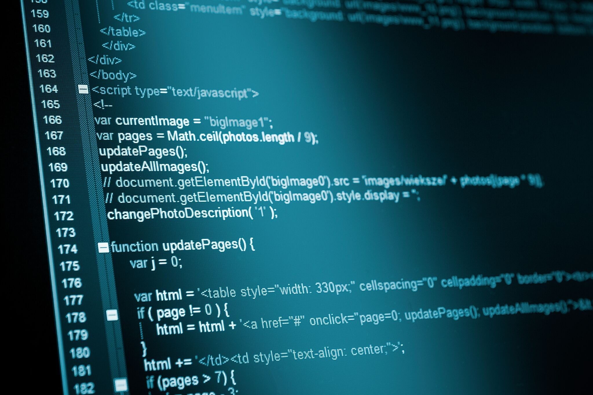 function updatePages(), JavaScript source code, computer monitor screen, HD Desktop wallpaper