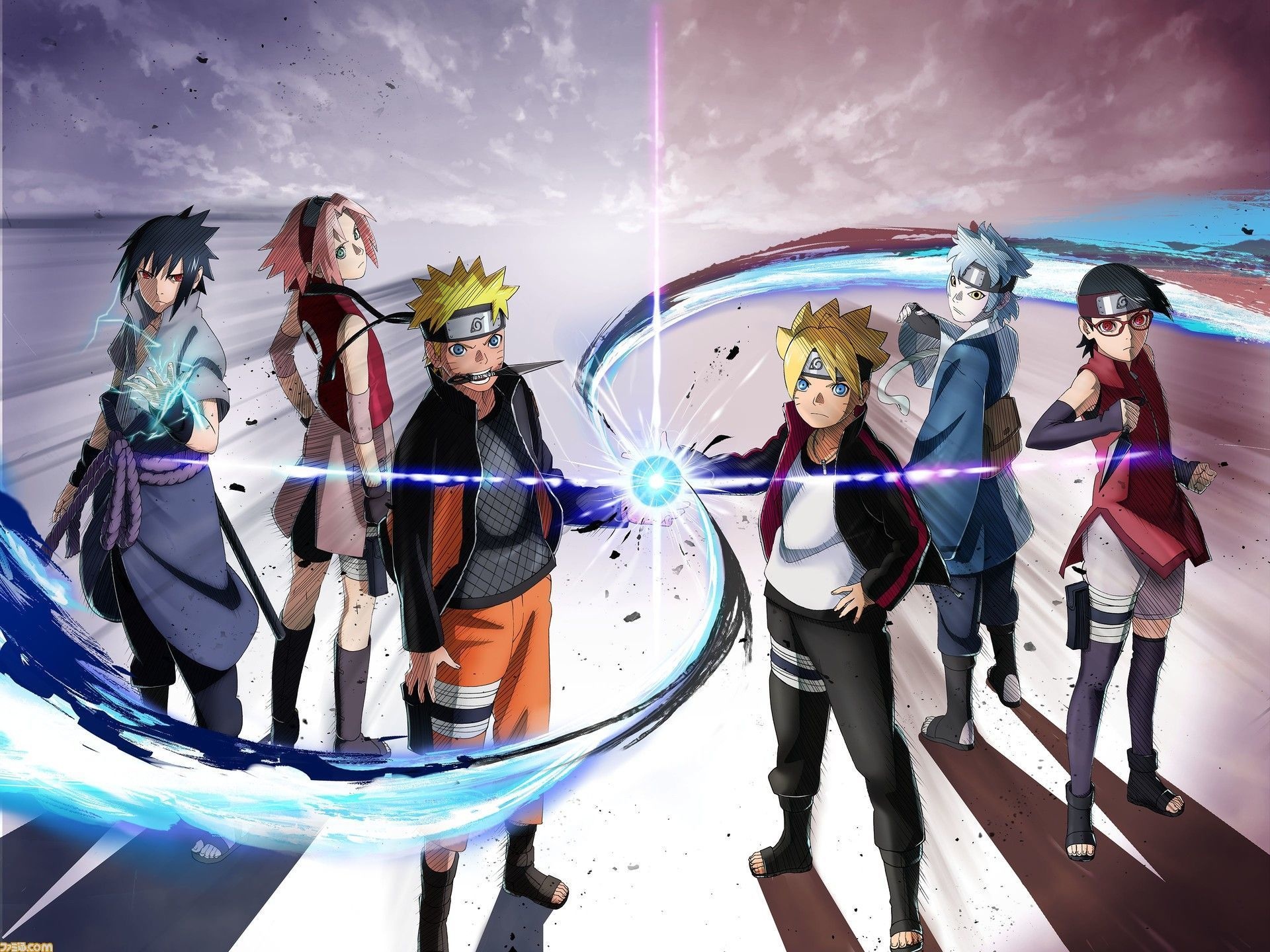 Naruto Uzumaki, Boruto Uzumaki, Sasuke Uchiha, Sarada Uchiha, Rasengan, HD Desktop wallpaper