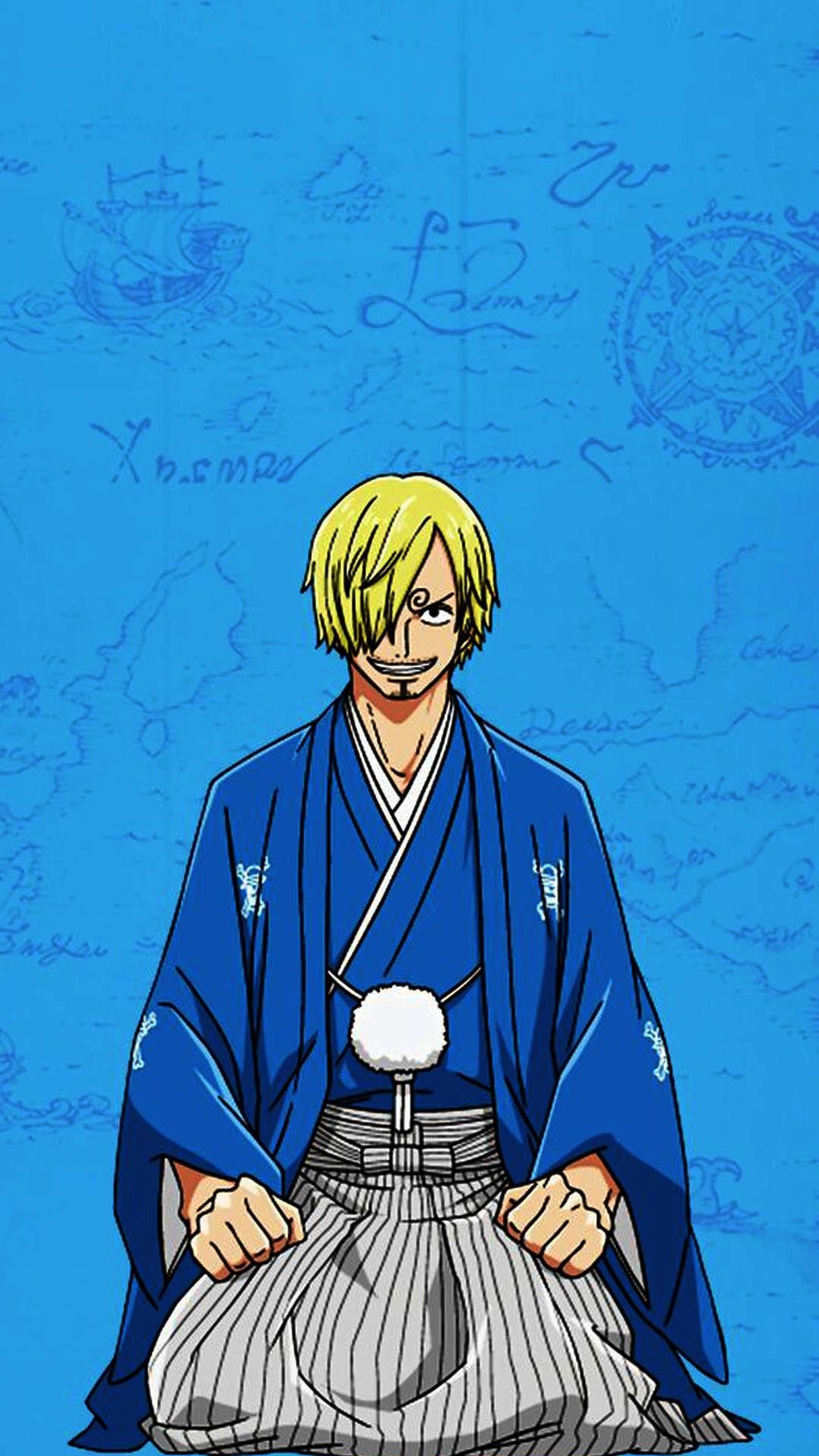 Vinsmoke Sanji, formal haori and hakama, blue nautical map, Full HD Phone wallpaper