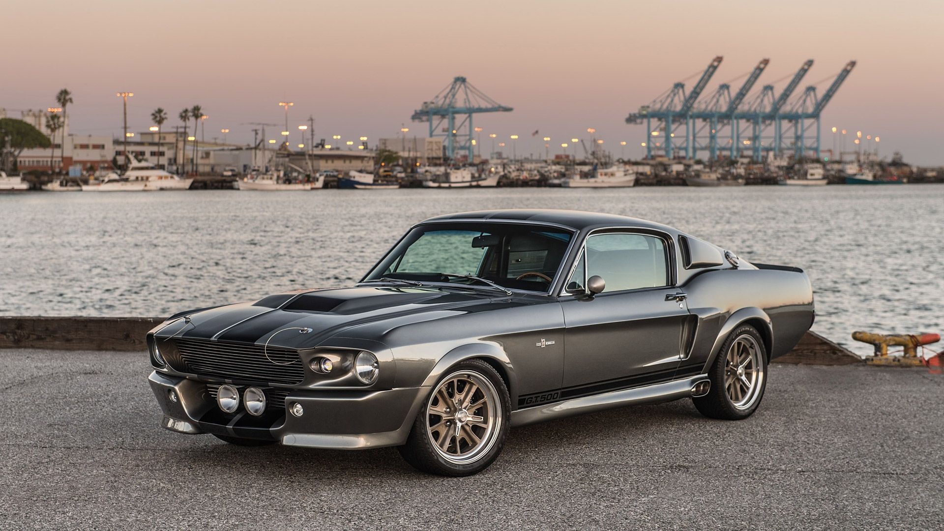 1967 Ford Mustang Eleanor, Harbor container cranes, Pepper Gray metallic paint, Full HD Desktop wallpaper