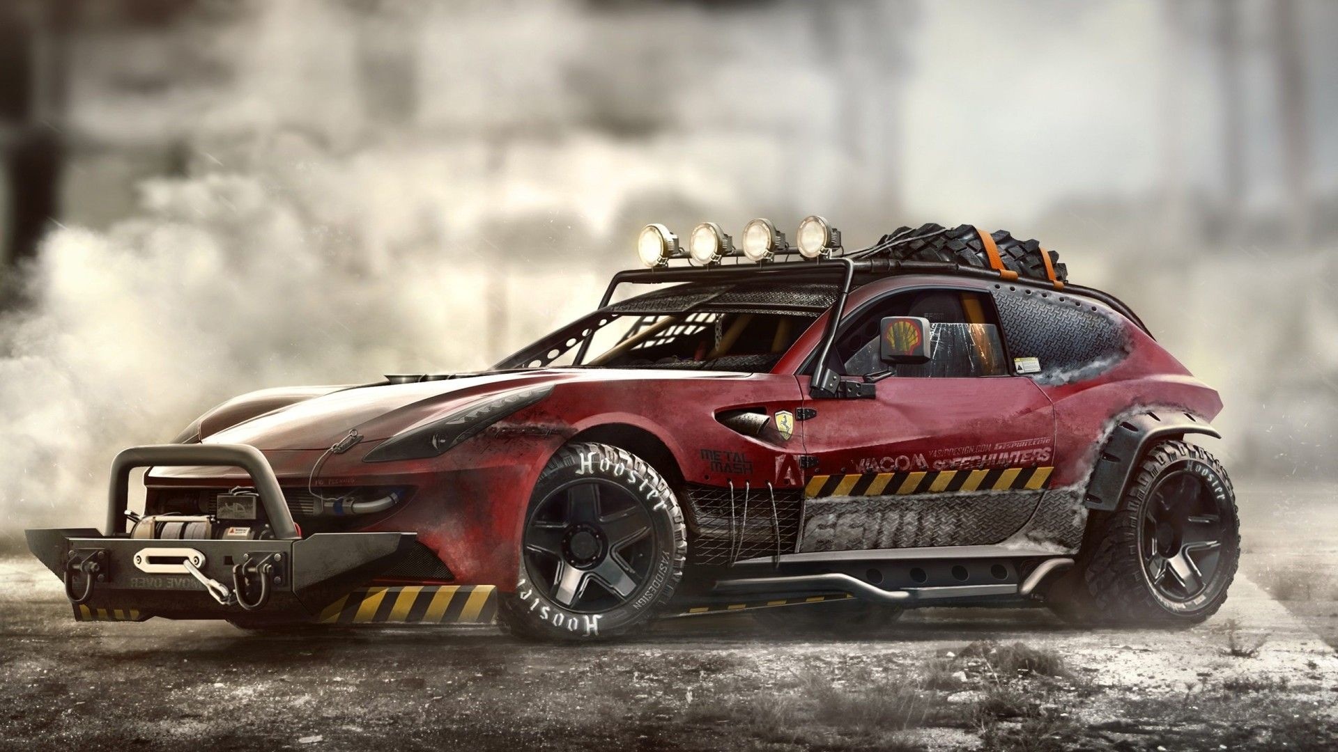 Modified Ferrari FF, Hoosier off-road tires, Roof-mounted spotlights, Full HD Desktop wallpaper