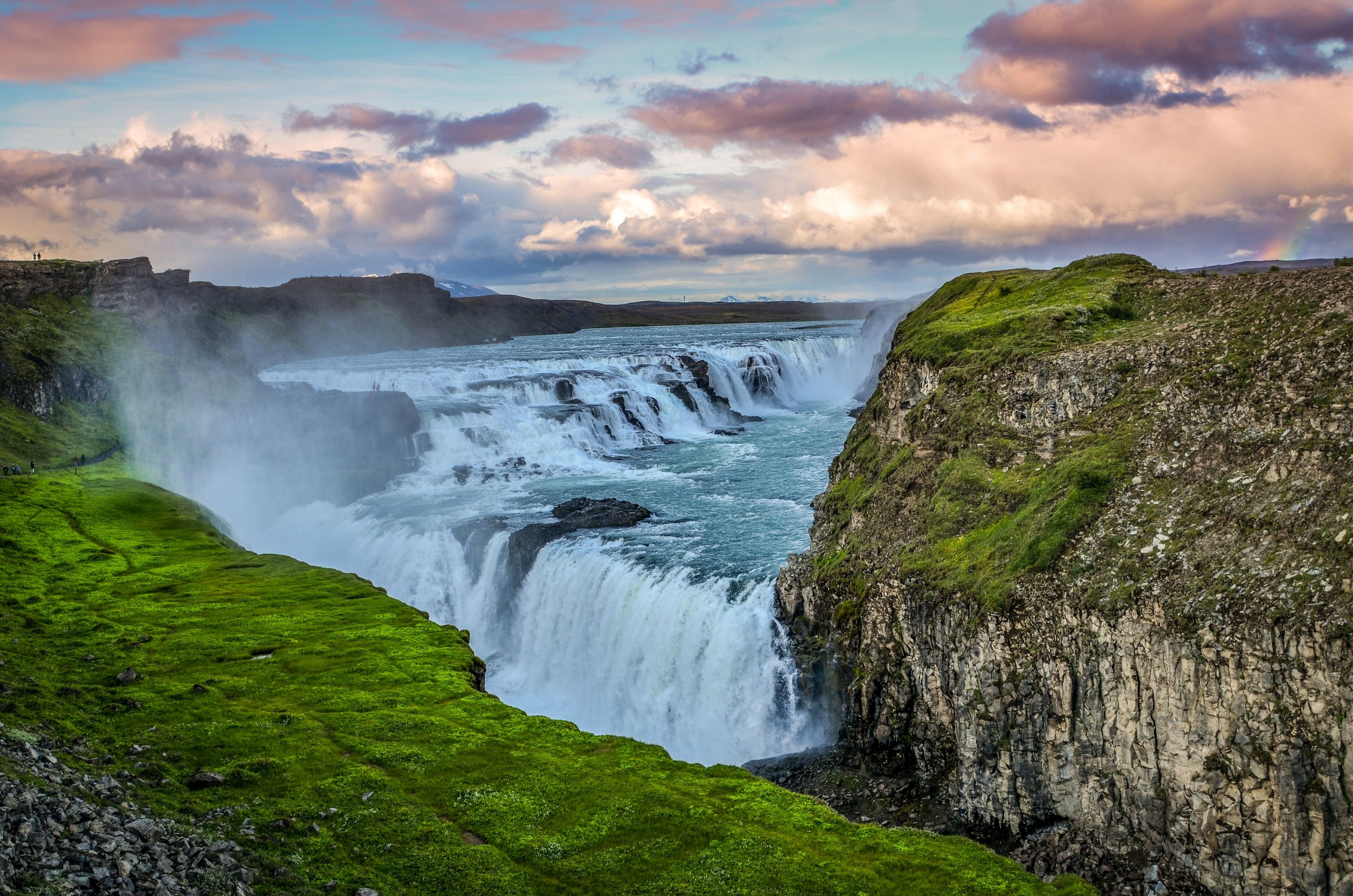 Gullfoss Waterfall, Sunset time, Summer beauty, Serene atmosphere, 2960x1960 HD Desktop