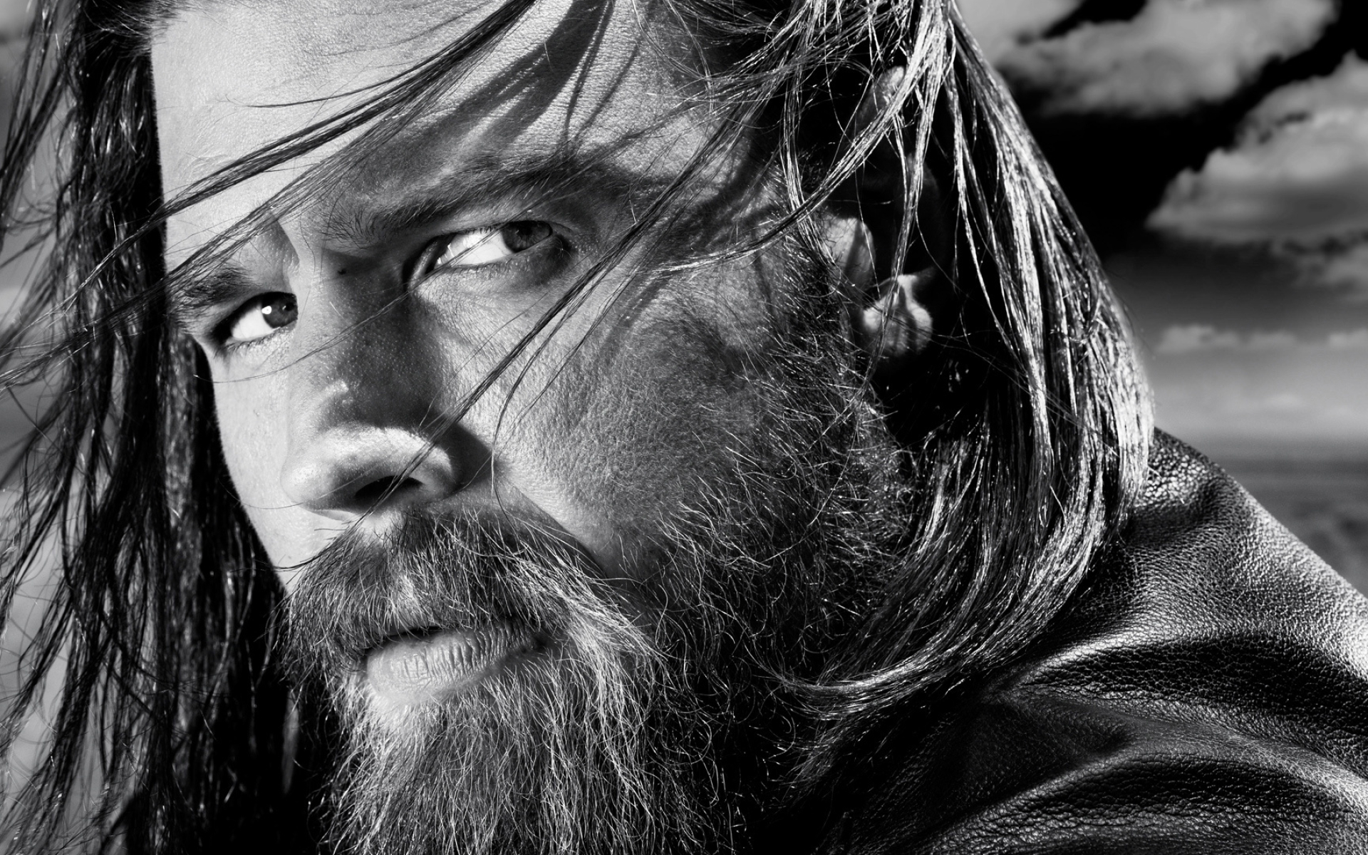 Brad Pitt portrait, Windswept long hair, Black and white photography, HD Desktop wallpaper