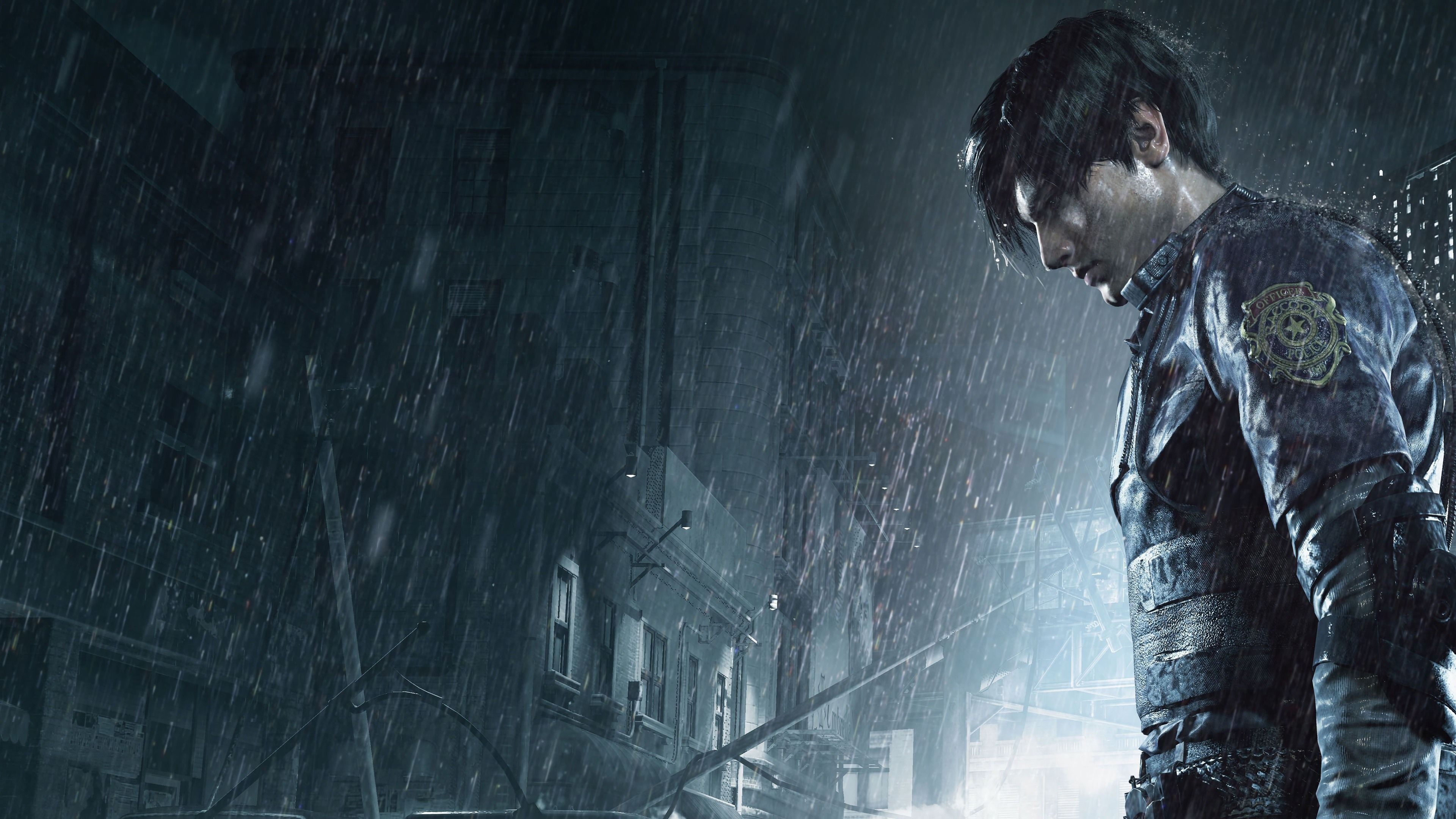 Leon S. Kennedy, RPD uniform patch, rainy Raccoon City alley, 4K Desktop wallpaper