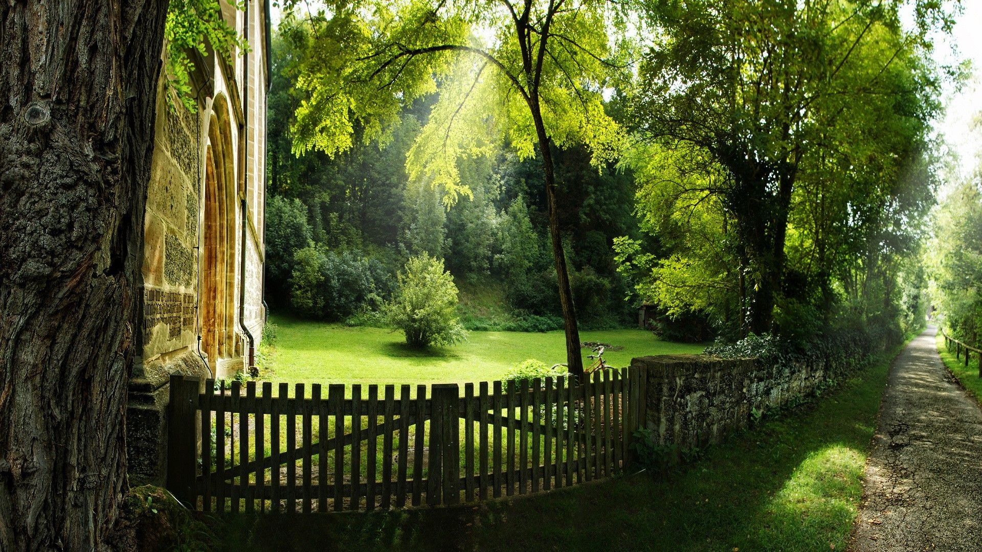 wooden picket fence gate, sandstone church wall, sunlit gravel path, Full HD Desktop wallpaper