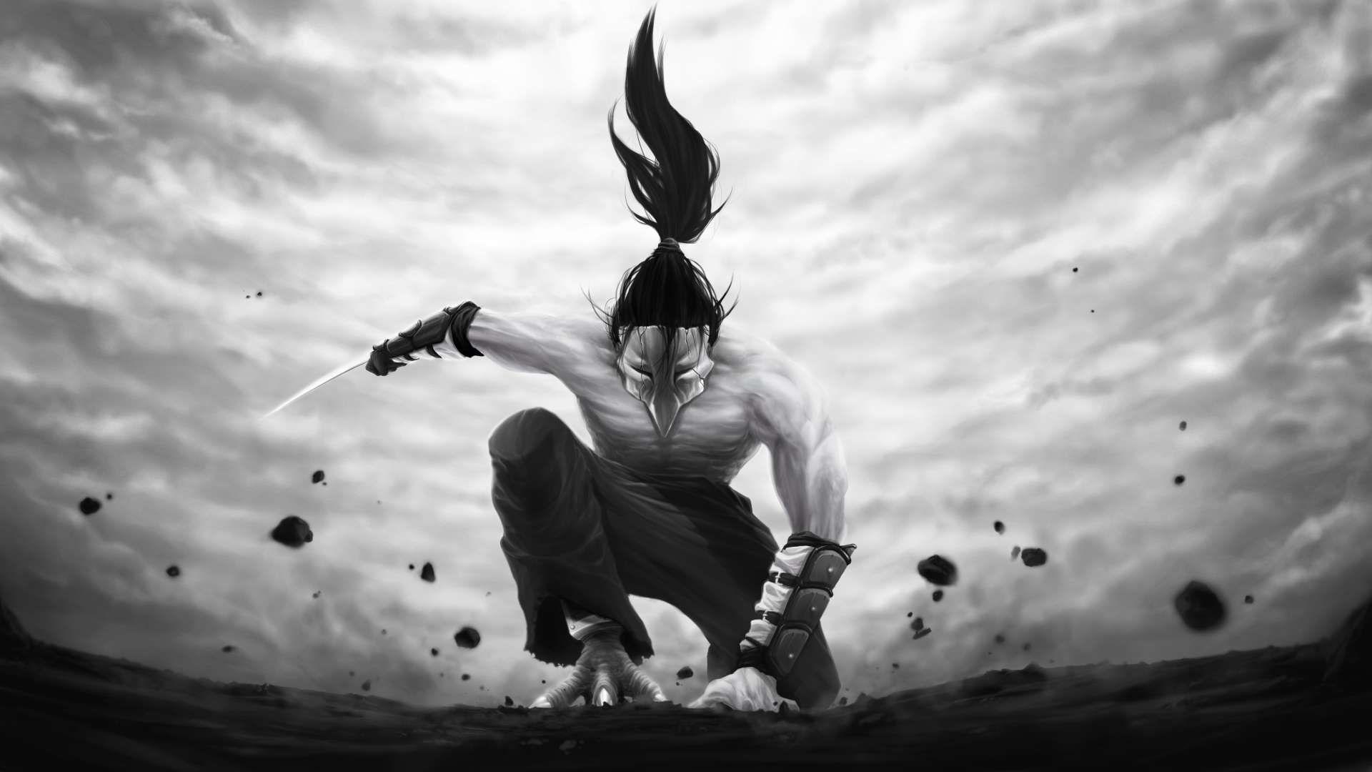 Beak masked ninja warrior, Three-point landing crouch, Floating rock debris, Full HD Desktop wallpaper