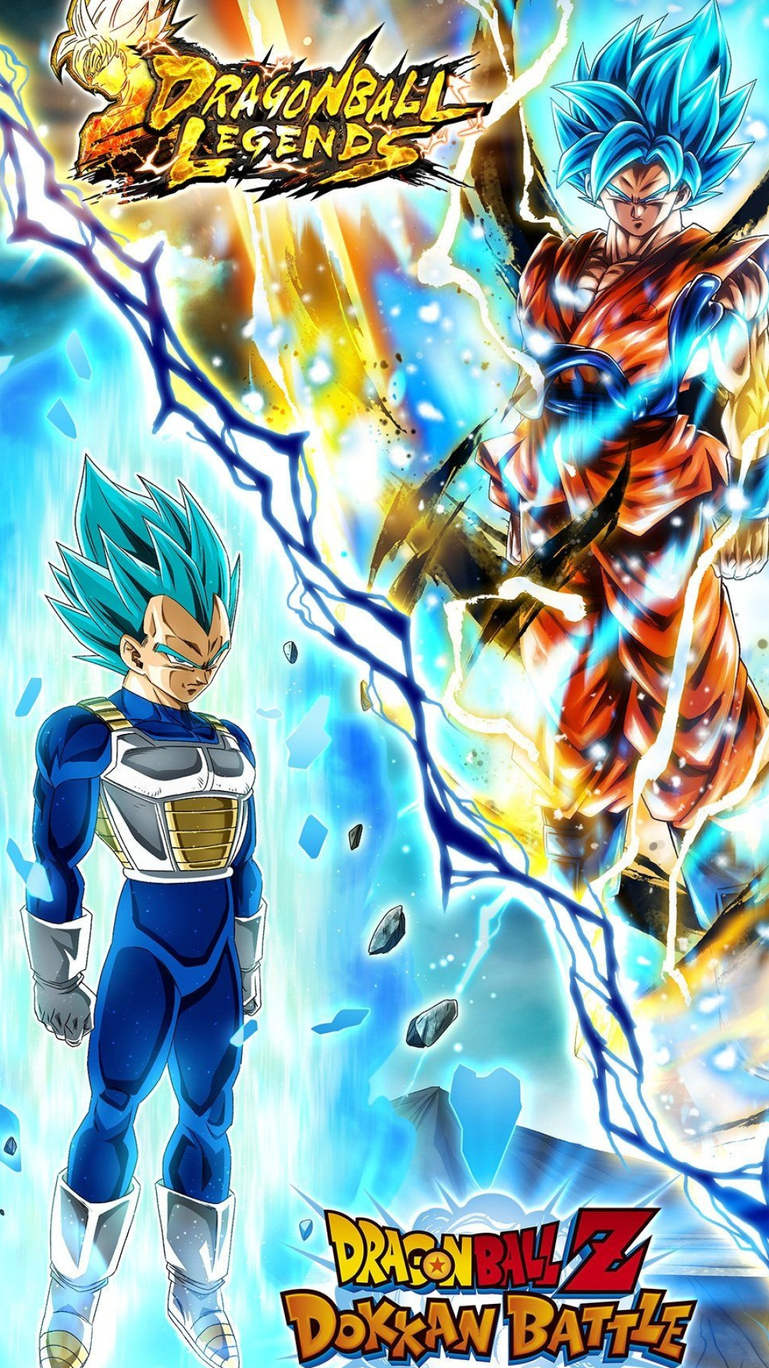Super Saiyan Blue Goku, Super Saiyan Blue Vegeta, Dragon Ball Legends logo, Dragon Ball Z Dokkan Battle logo, Full HD Phone wallpaper