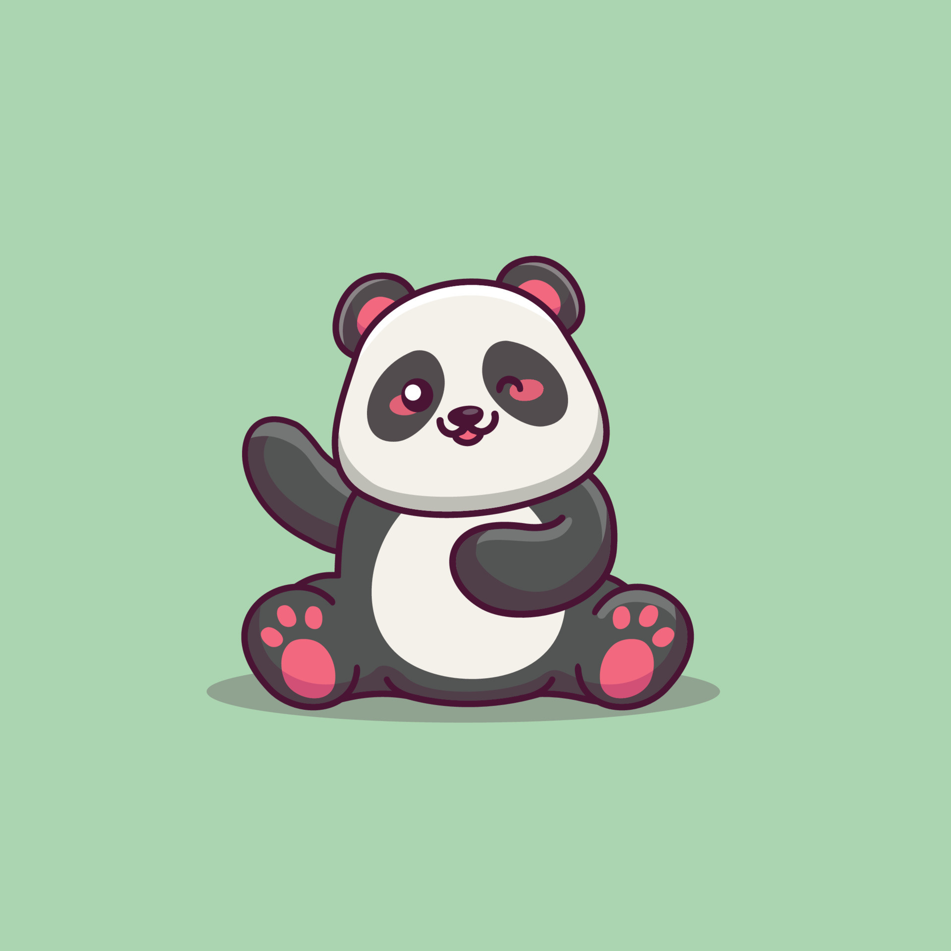 Waving cartoon panda, Pink paw pads, Sage green backdrop, HD Phone wallpaper