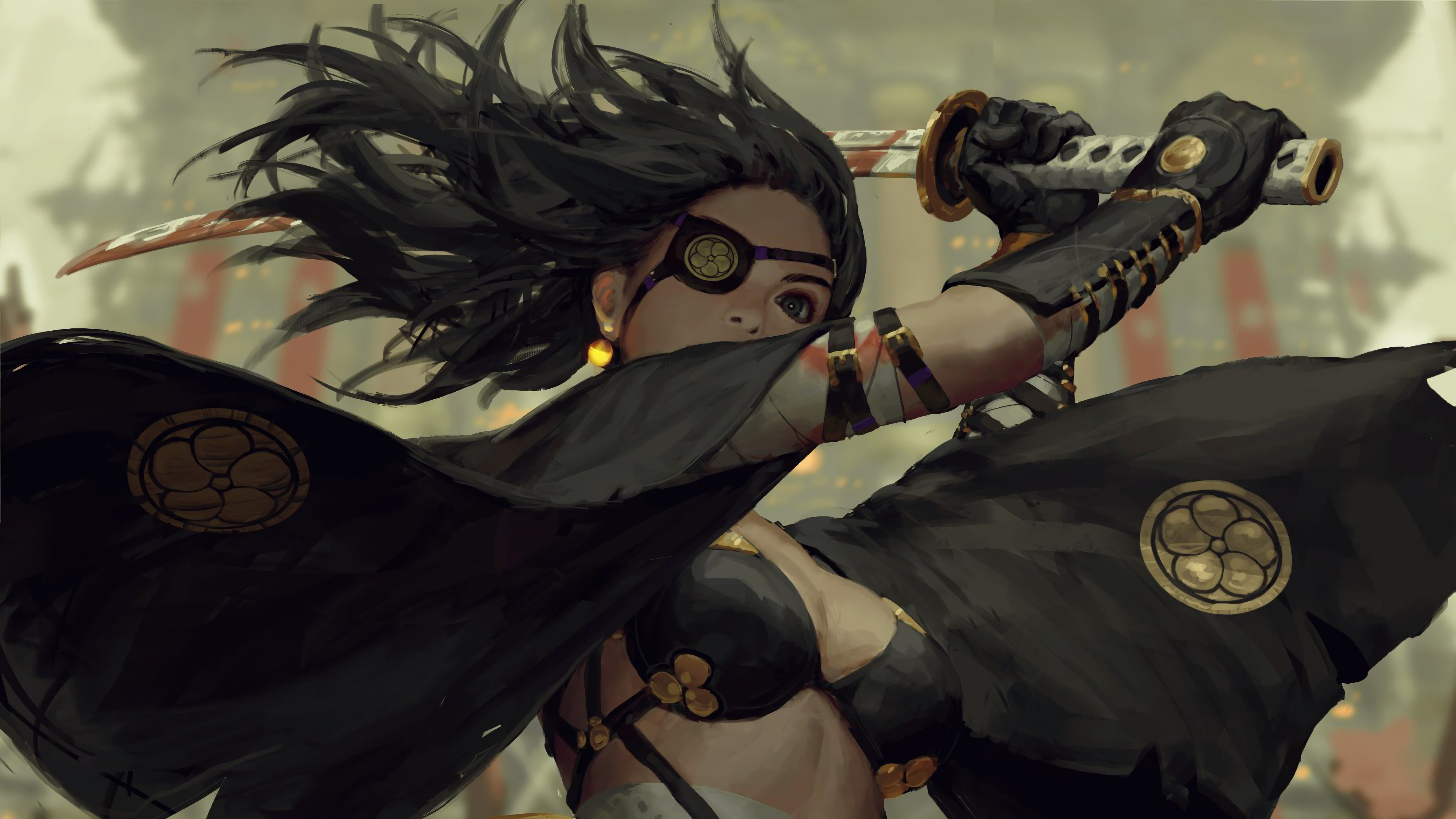 Eyepatch samurai warrior, Drawn katana sword, Black crest haori, 4K Desktop wallpaper