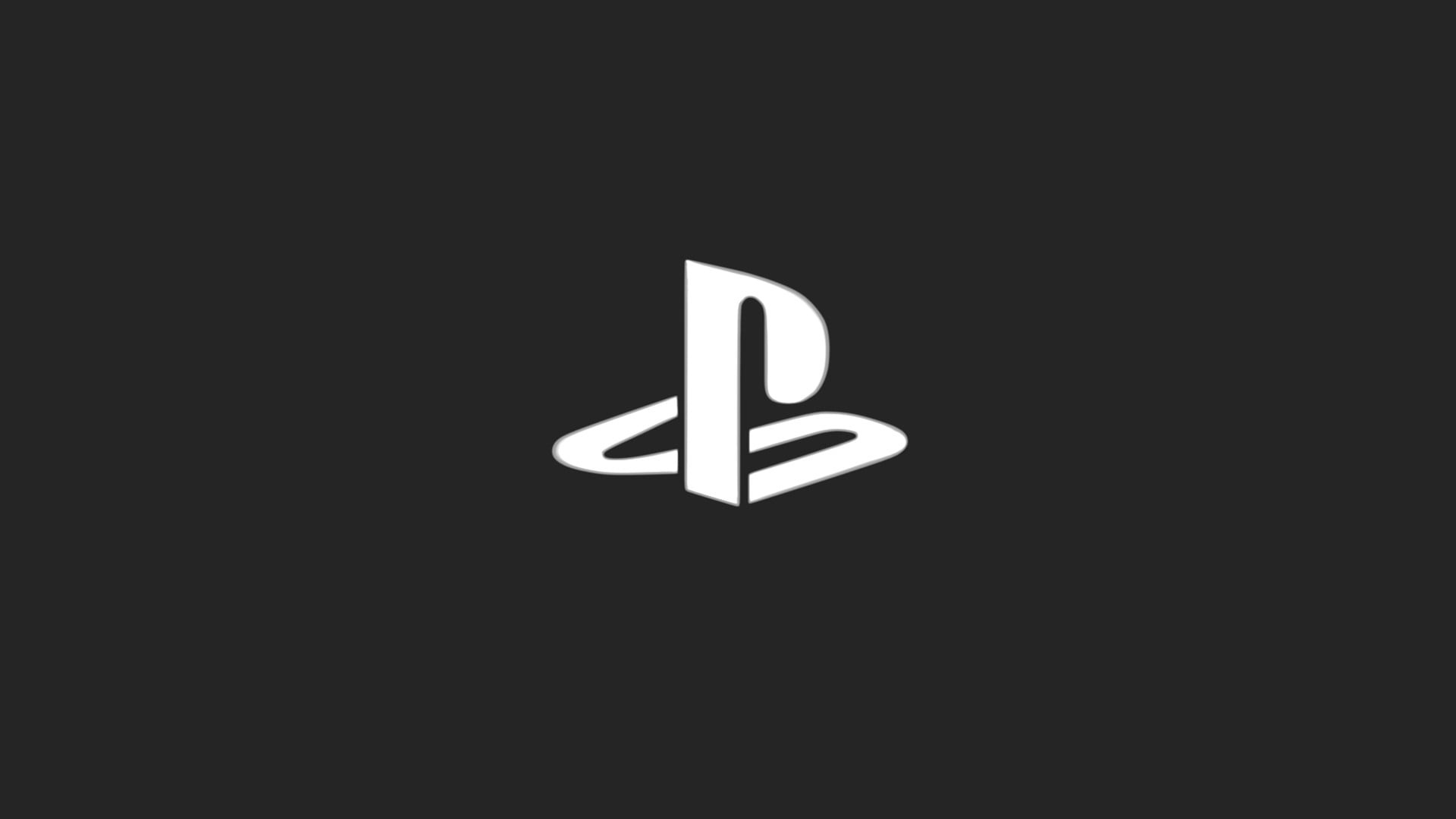 PlayStation logo, White 3D PS emblem, Dark gray backdrop, Full HD Desktop wallpaper