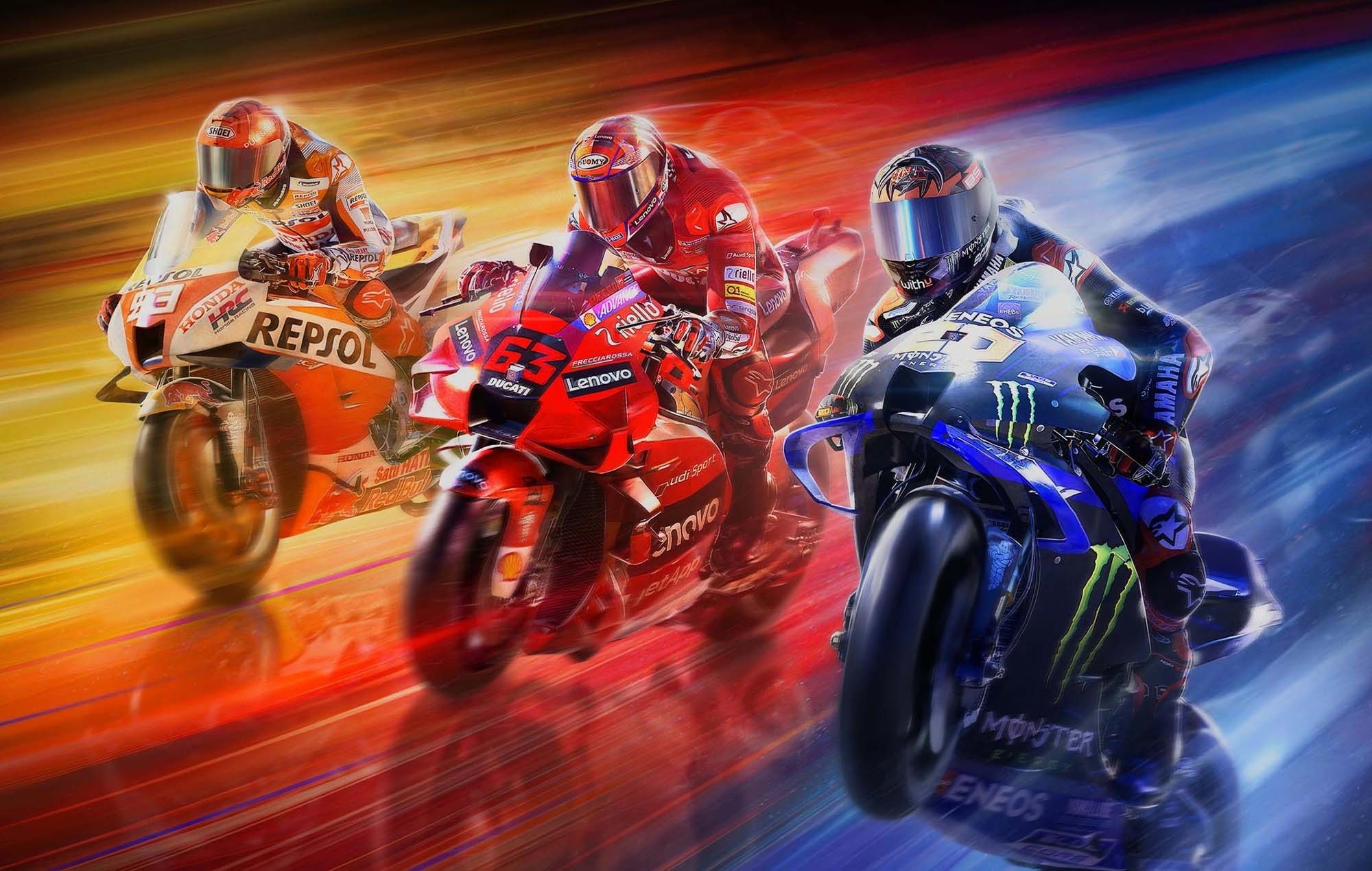 Francesco Bagnaia Ducati Desmosedici, Fabio Quartararo Yamaha YZR-M1, Marc Marquez Repsol Honda RC213V, MotoGP 22 artwork, HD Desktop wallpaper