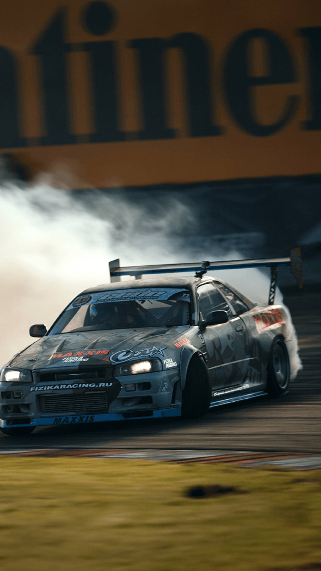 Nissan Skyline R34, billowing tire smoke, FIZIKARACING.RU, Full HD Phone wallpaper