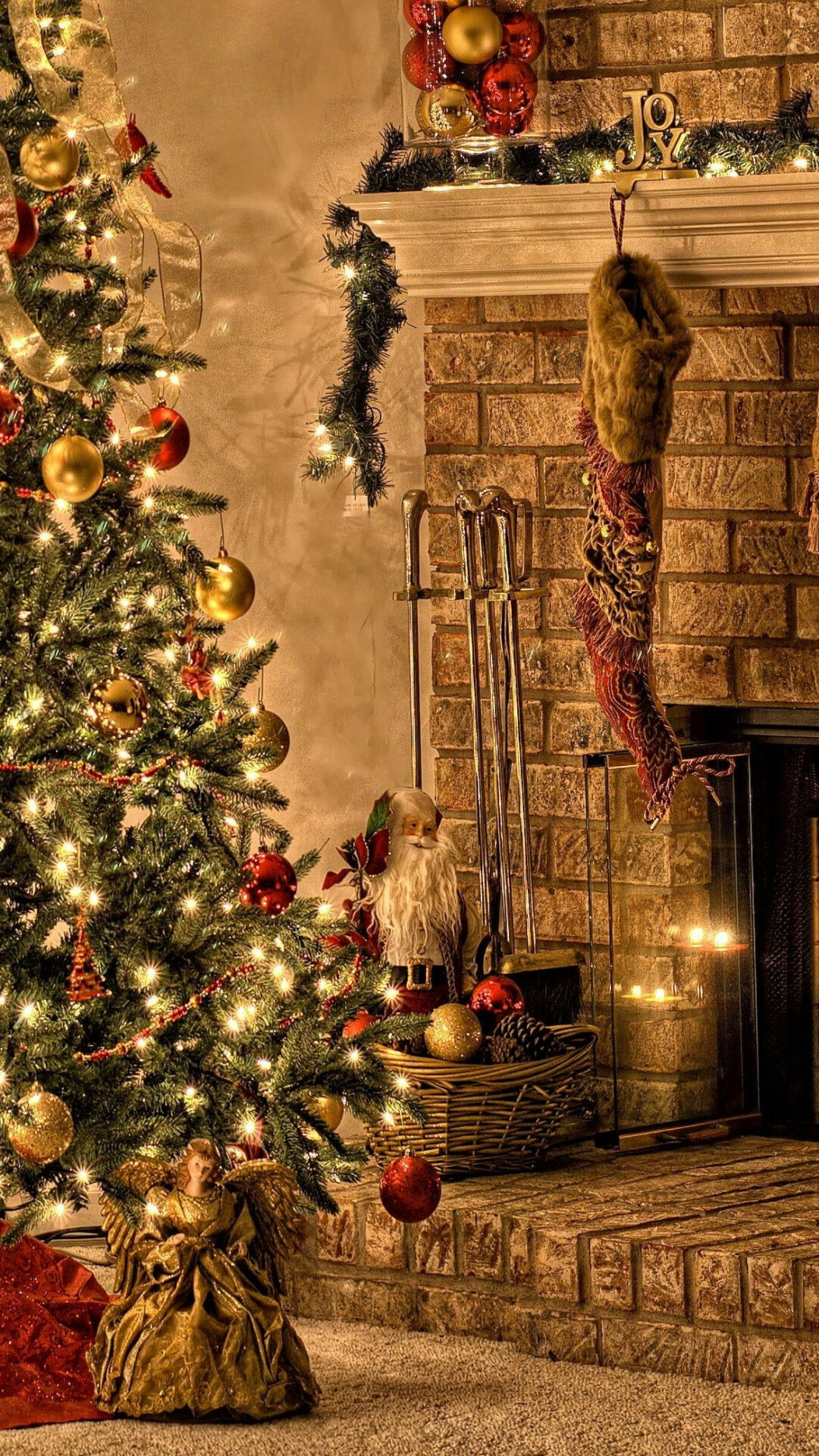 Christmas Fireplace, Green tree near fireplace, Festive wallpapers, Org21, 1080x1920 Full HD Phone