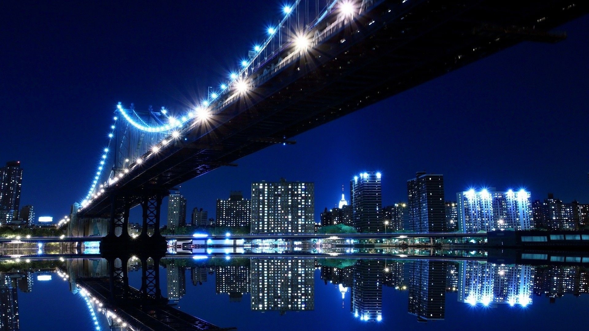 Manhattan Bridge, New York City skyline, East River water reflection, Full HD Desktop wallpaper