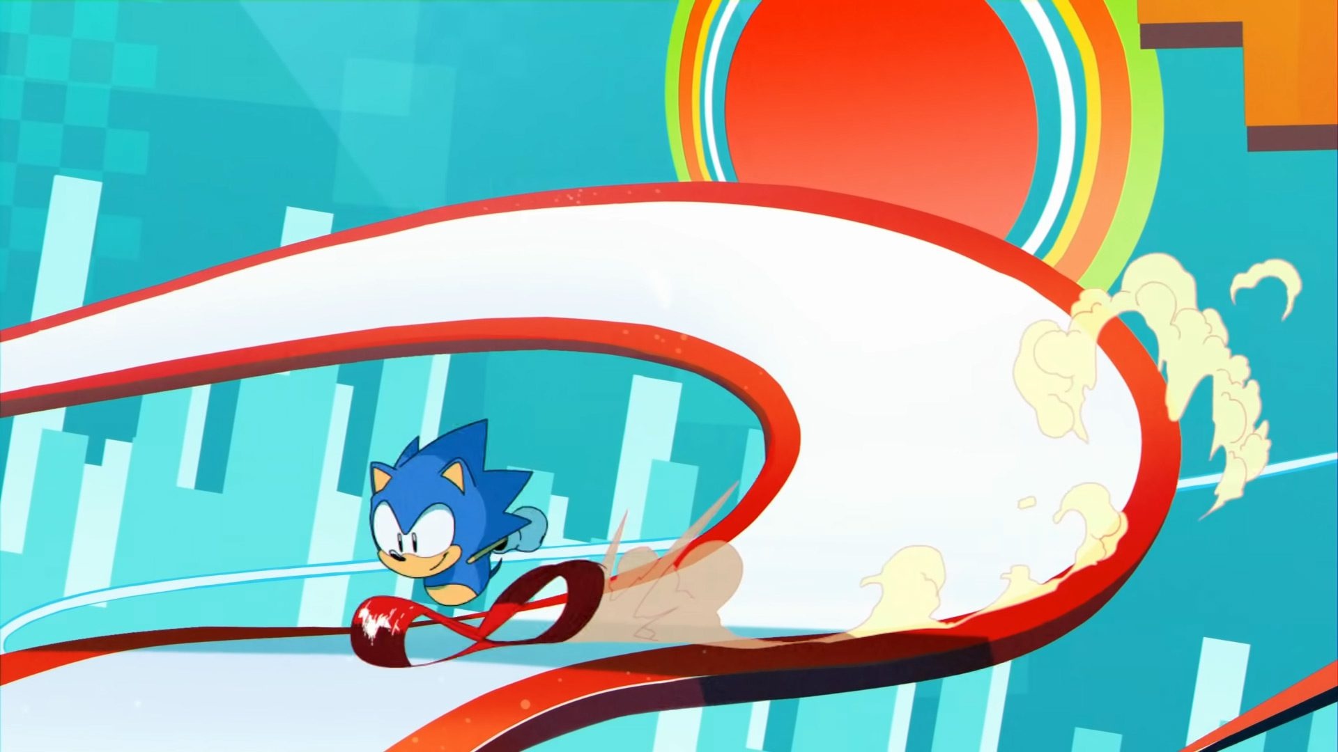 Sonic the Hedgehog sprinting, Red and white speed trail, Teal blocky city skyline, Full HD Desktop wallpaper