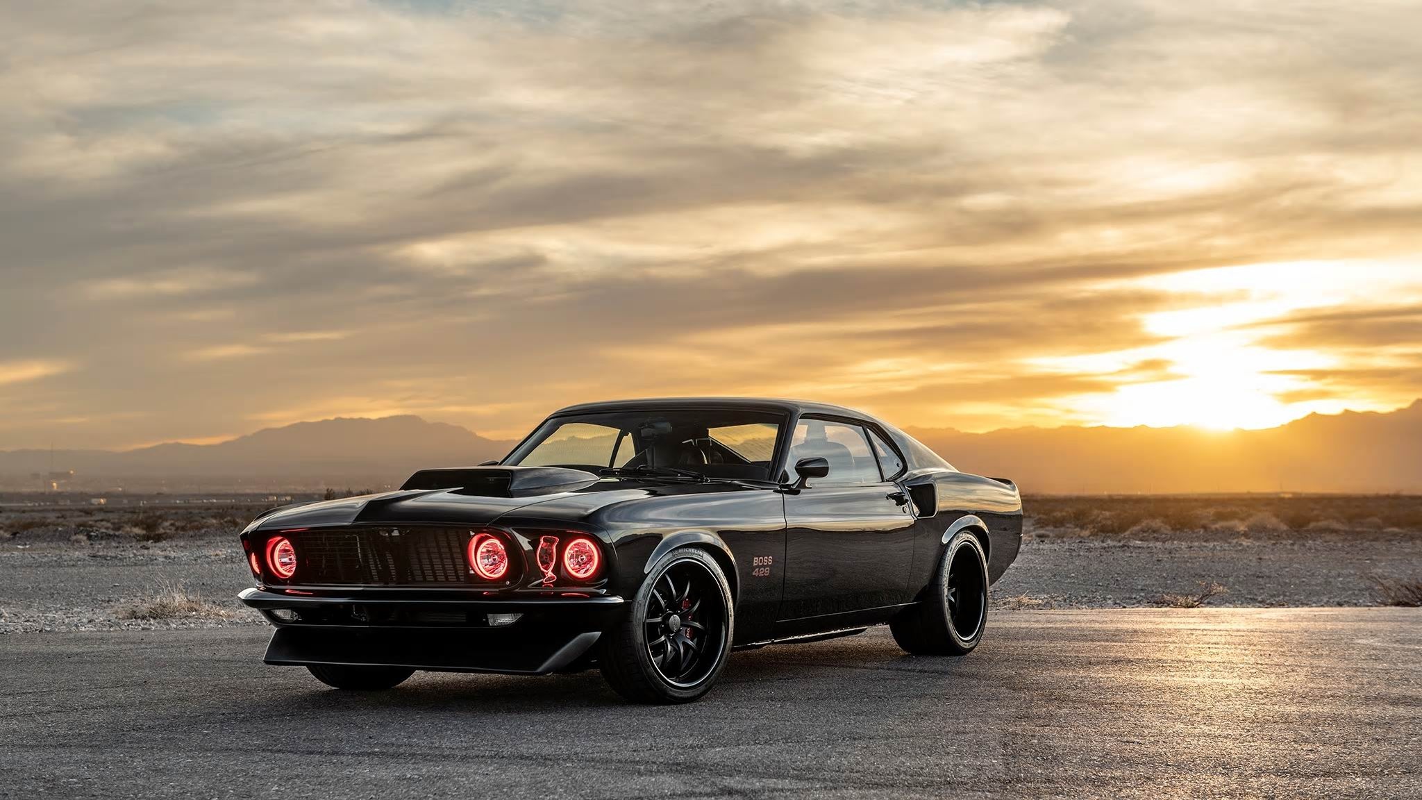 1969 Ford Mustang Boss 429, Red halo headlights, Desert sunset horizon, HD Desktop wallpaper