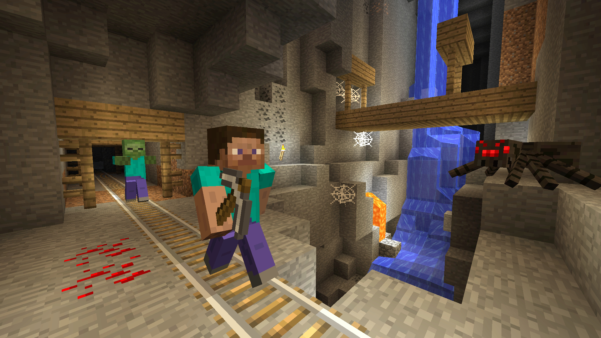 Steve, Minecraft Zombie, Minecraft Spider, Abandoned mineshaft, Full HD Desktop wallpaper