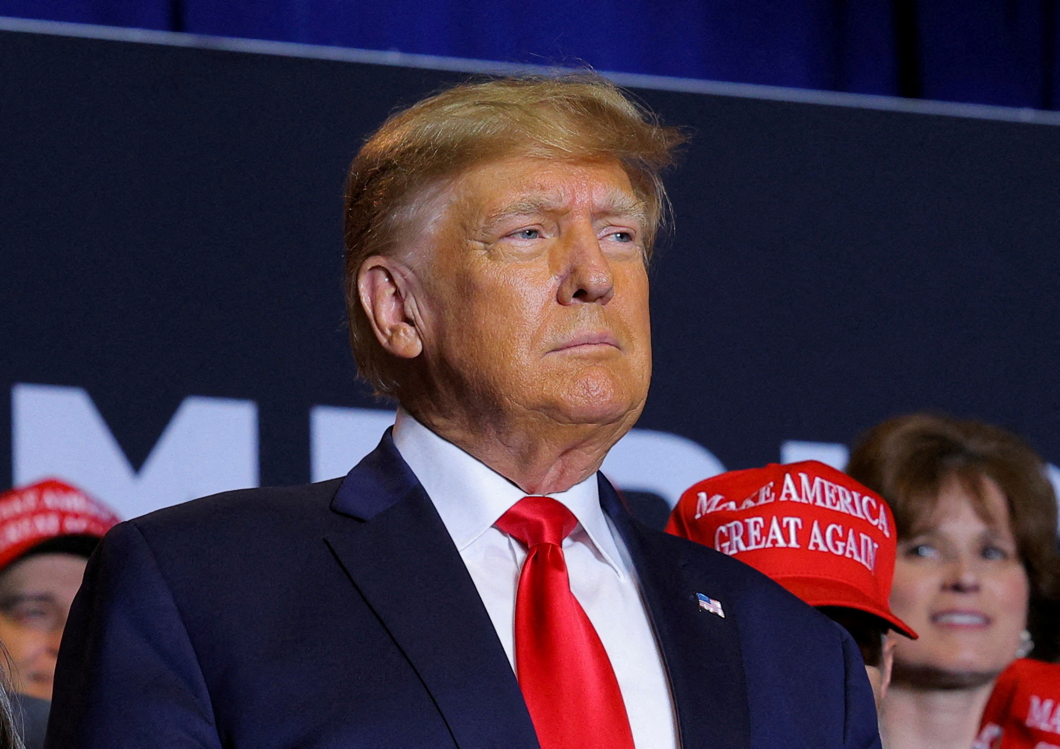 Donald Trump, Make America Great Again hat, navy suit red tie, HD Desktop wallpaper