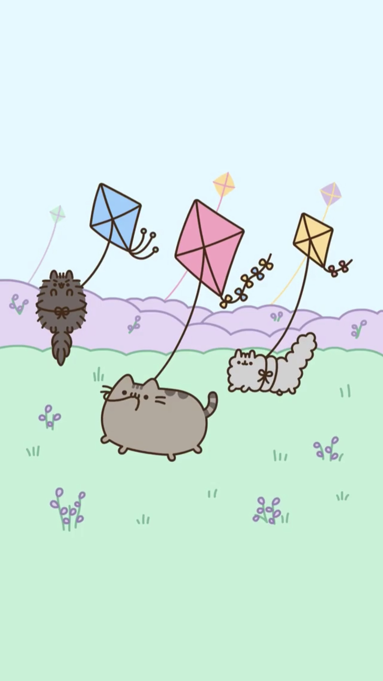 Pusheen, Stormy and Pip, Flying colorful kites, HD Phone wallpaper