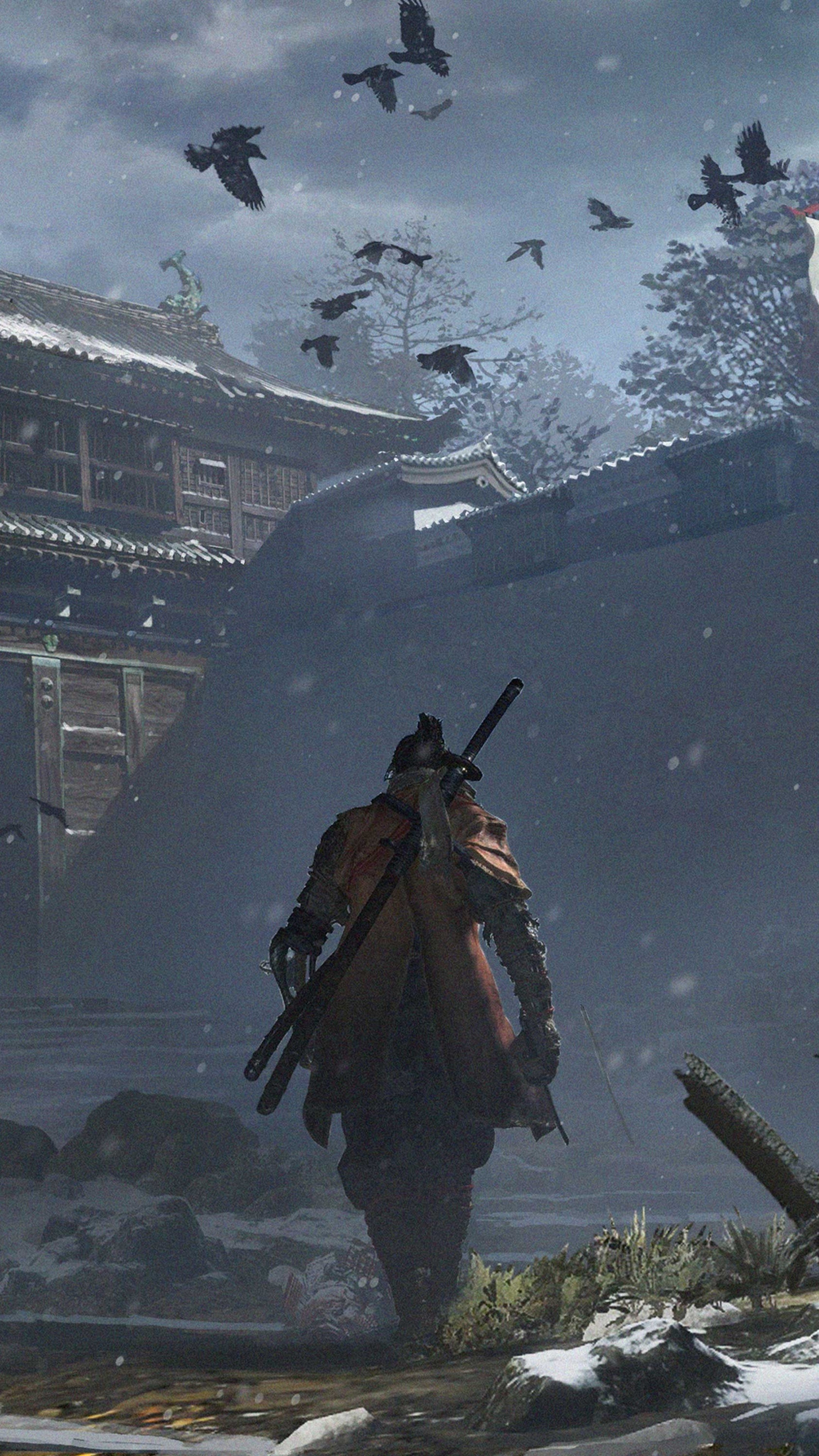 Wolf Sekiro protagonist, Ashina Castle fortress, flock of crows, 4K Phone wallpaper