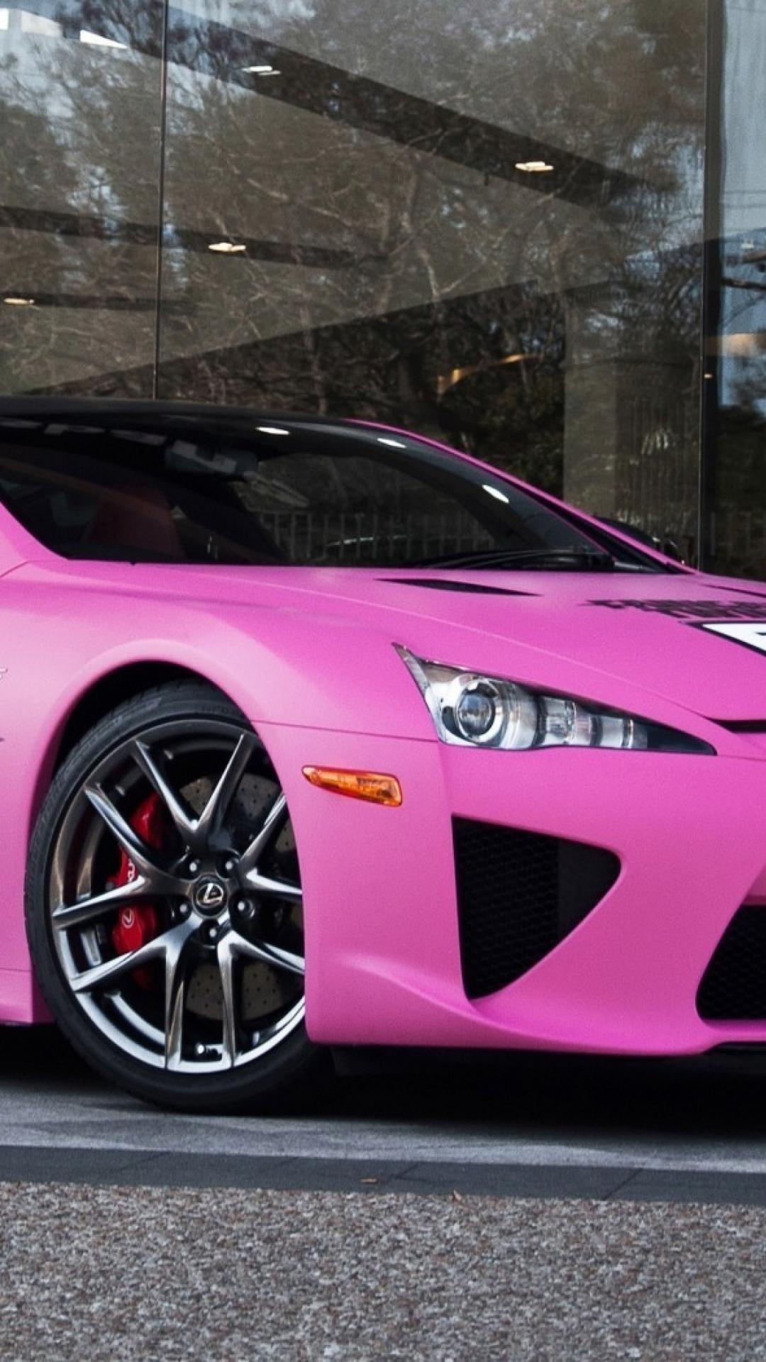 pink Lexus LFA, dark chrome alloy wheels, glass building facade, Full HD Phone wallpaper