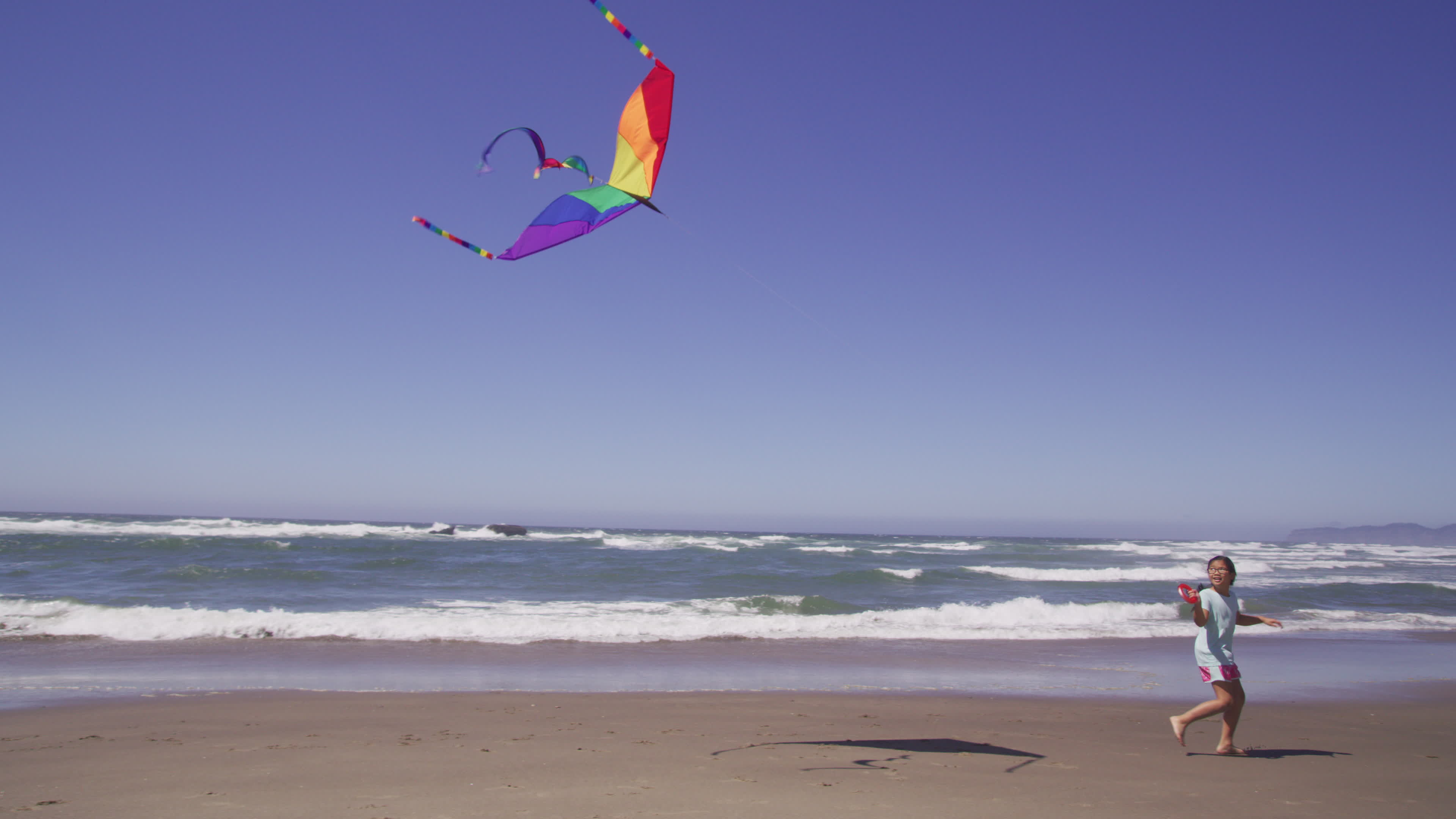 Kite Sports, Beach adventure, Joyful girl flying kite, Coastal serenity, 3840x2160 4K Desktop