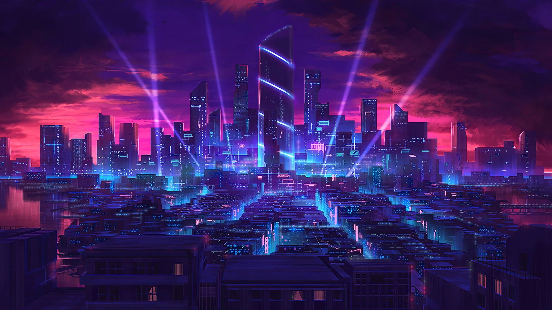 Neon skyline, Neon lights city, 1920x1080 Full HD Desktop