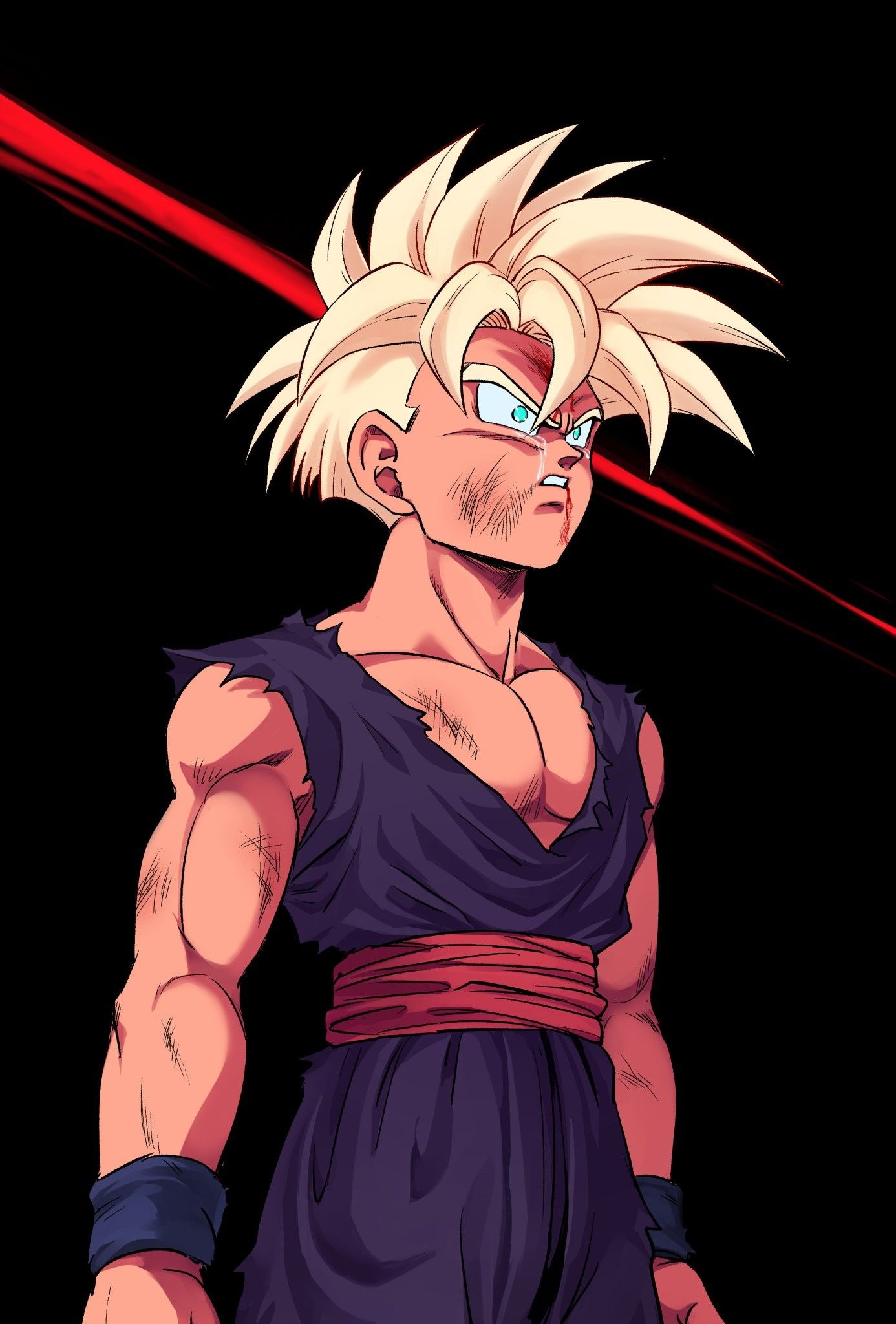 Super Saiyan 2 Gohan, Torn purple gi, Glowing red light streak, HD Phone wallpaper