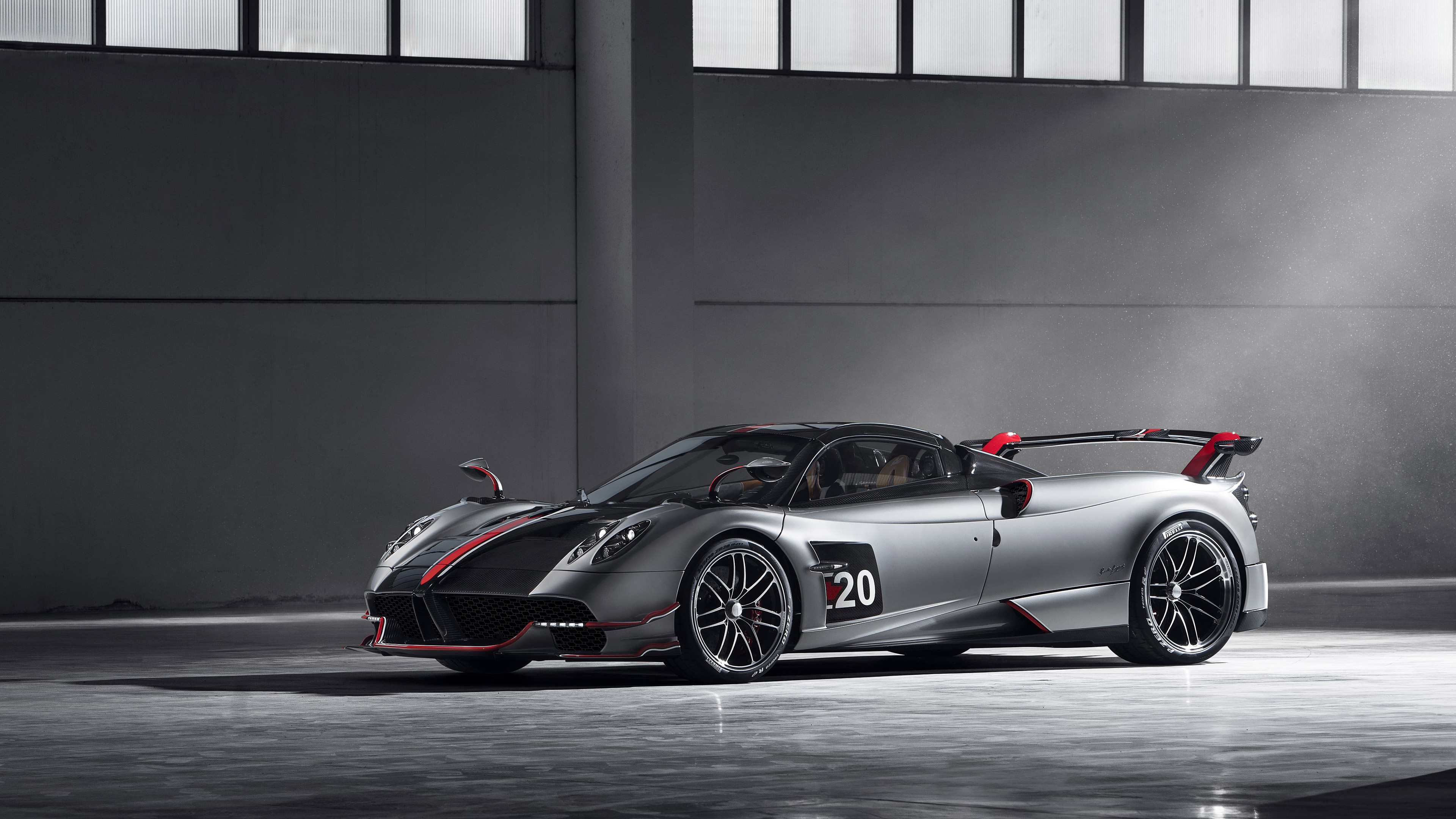 Pagani Huayra BC, Minimalist industrial warehouse, Matte grey paintwork, 4K Desktop wallpaper