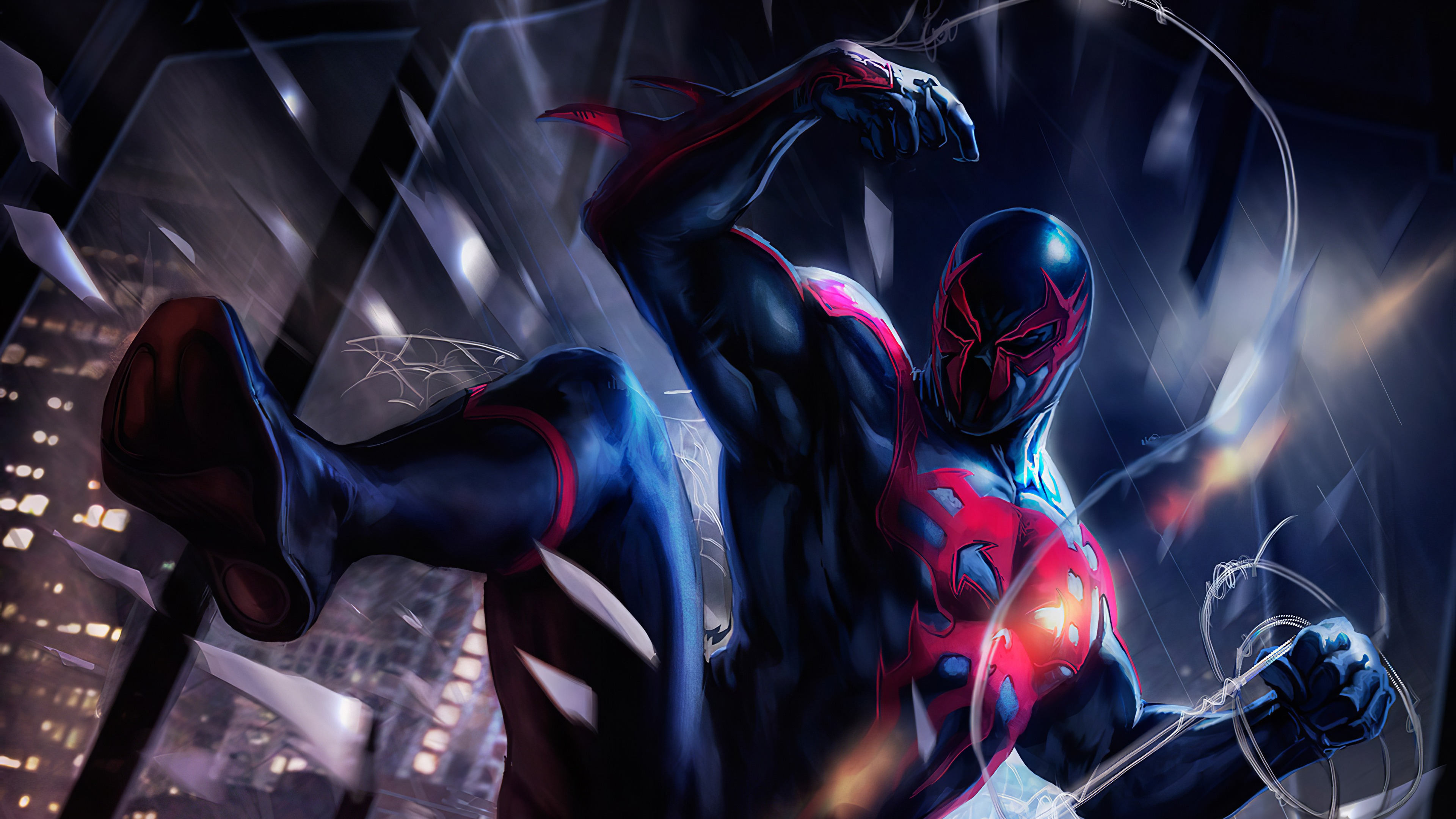 Spider-Man 2099 (Miguel O'Hara), Shattered glass shards, Glowing red emblem, 4K Desktop wallpaper