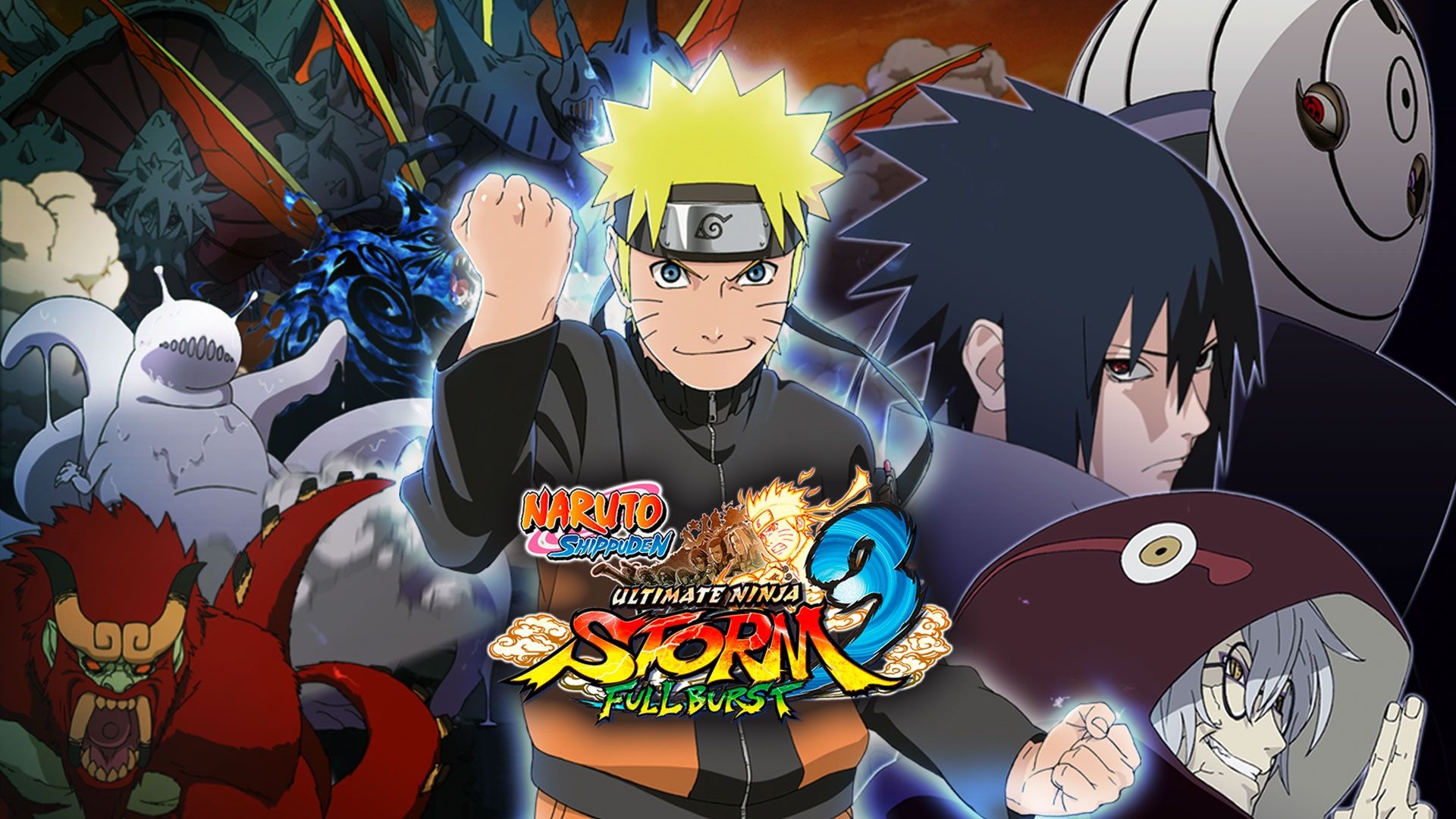 Naruto Shippuden: Ultimate Ninja Storm 3 Full Burst logo, Naruto Uzumaki, Sasuke Uchiha, Sage Mode Kabuto Yakushi, White Mask Obito Uchiha, Full HD Desktop wallpaper