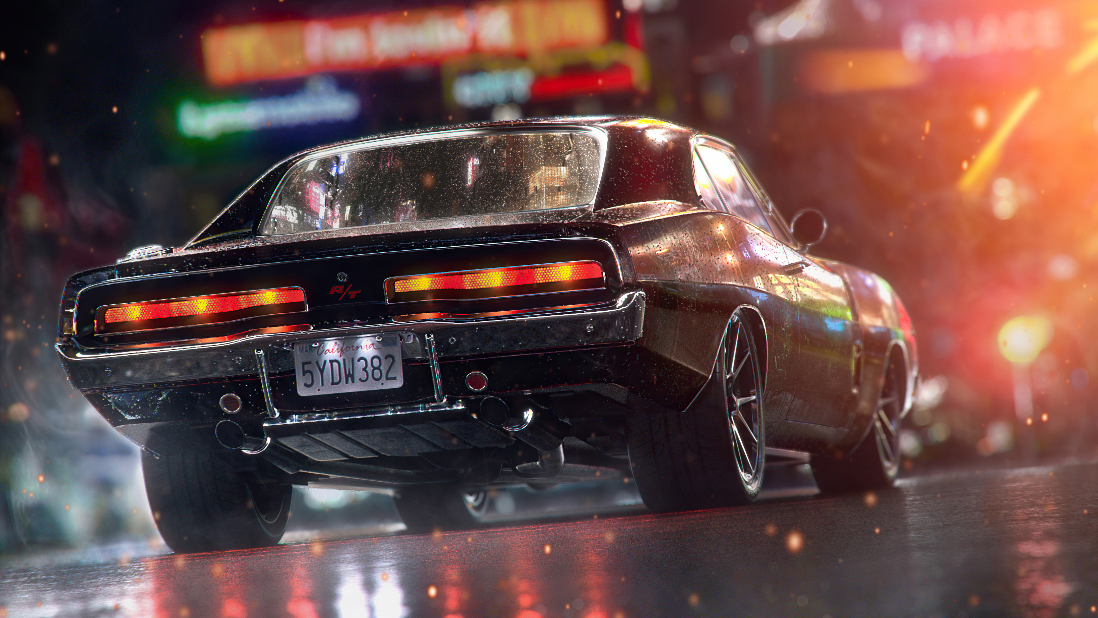 1969 Dodge Charger R/T, California license plate 5YDW382, rain-slicked neon street, 4K Desktop wallpaper