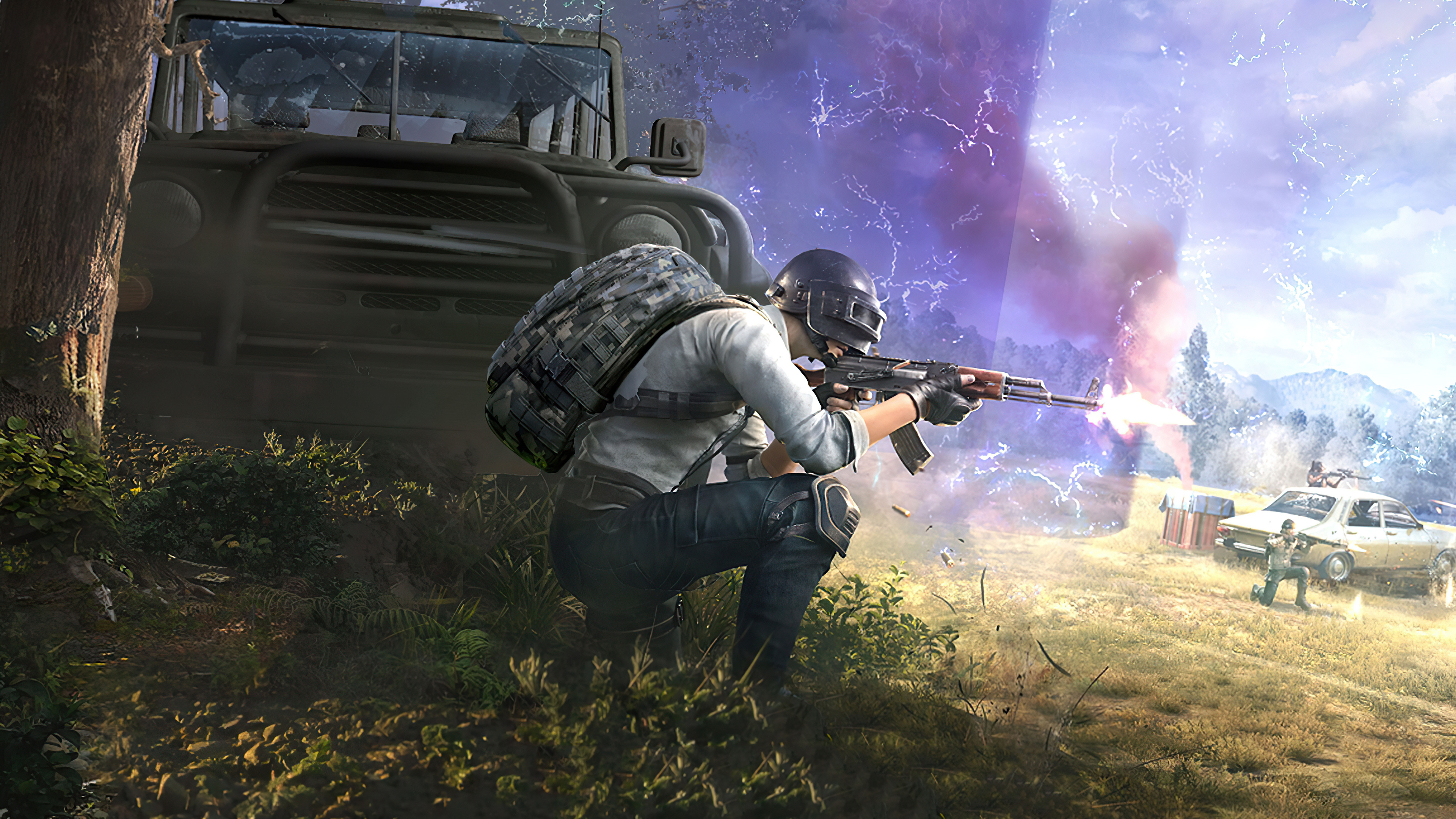 PUBG Level 3 Helmet, firing AKM rifle, PUBG UAZ vehicle, PUBG blue zone barrier, 4K Desktop wallpaper