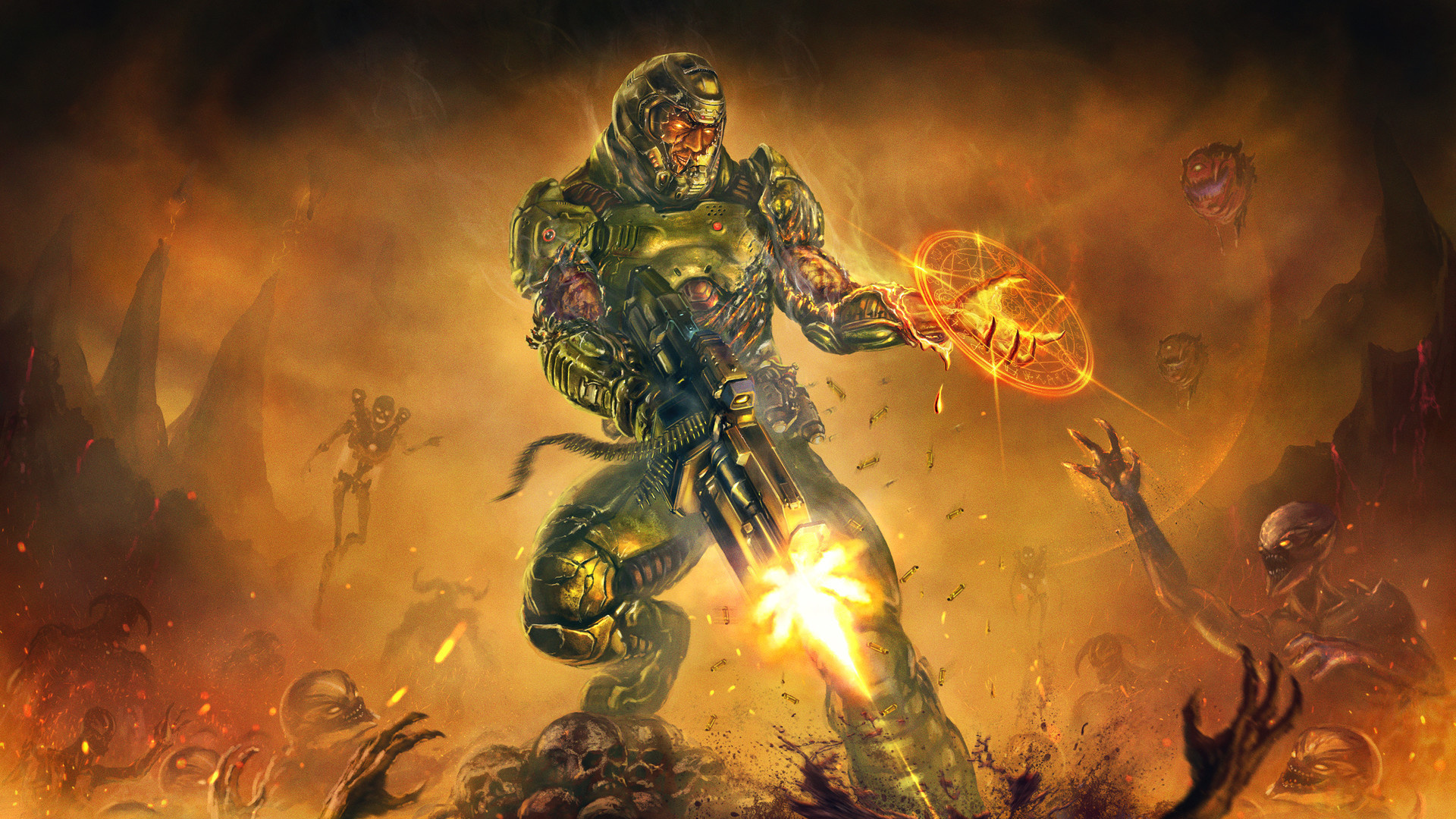 Doom Slayer, glowing pentagram magic circle, Cacodemon, Full HD Desktop wallpaper