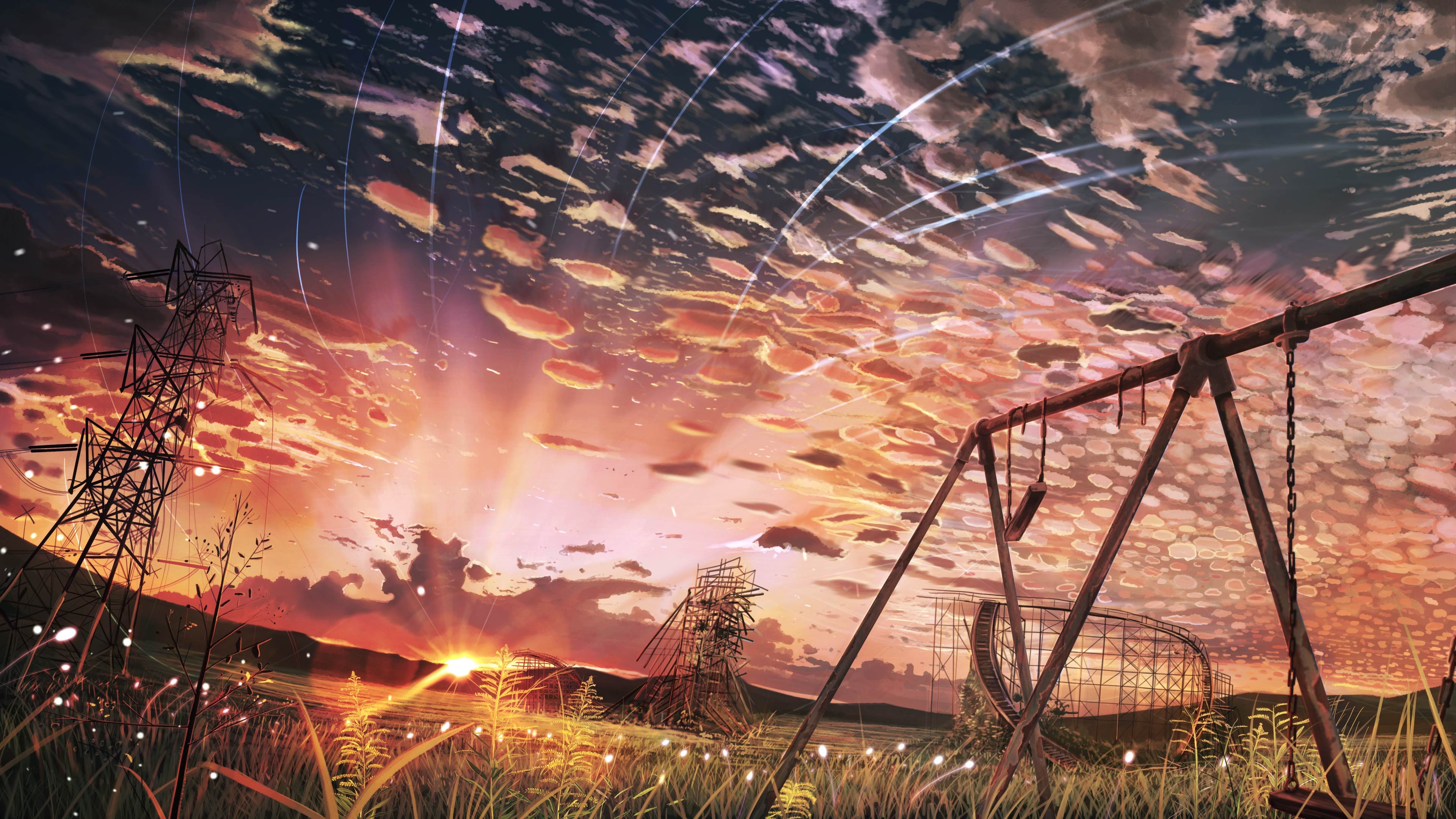 rusty playground swing set, abandoned wooden roller coaster, altocumulus sunset sky, 4K Desktop wallpaper