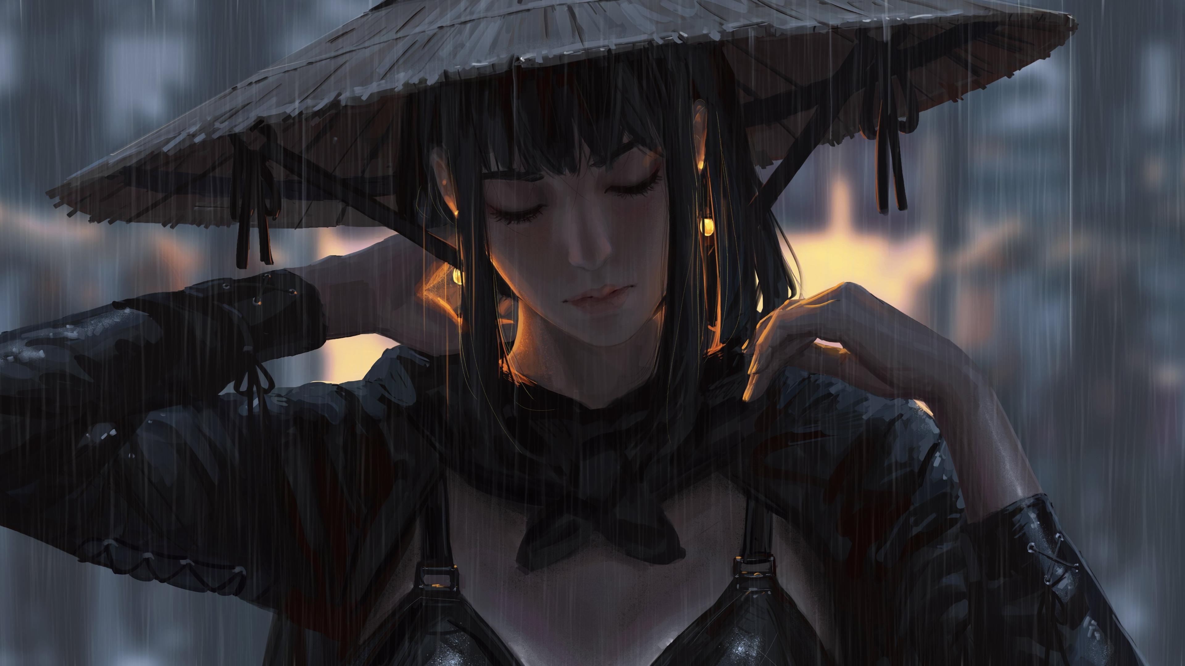 Female samurai warrior portrait, Conical woven bamboo hat, Falling rain in darkness, 4K Desktop wallpaper