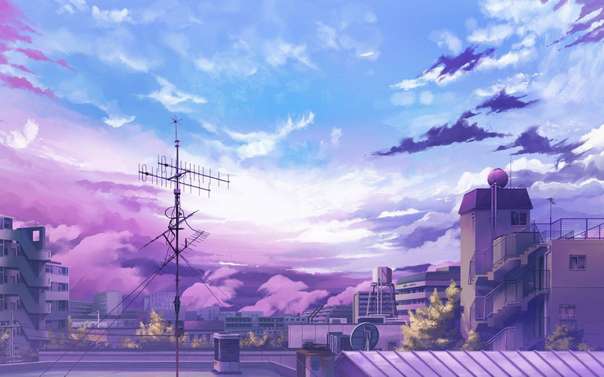 rooftop TV antenna, Japanese apartment buildings, purple twilight sky, HD Desktop wallpaper