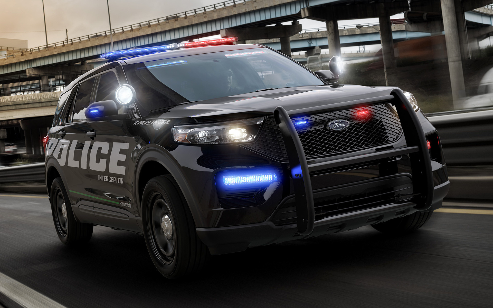 Ford Police Interceptor Utility, Blue and red lightbar, Highway overpass roadway, HD Desktop wallpaper