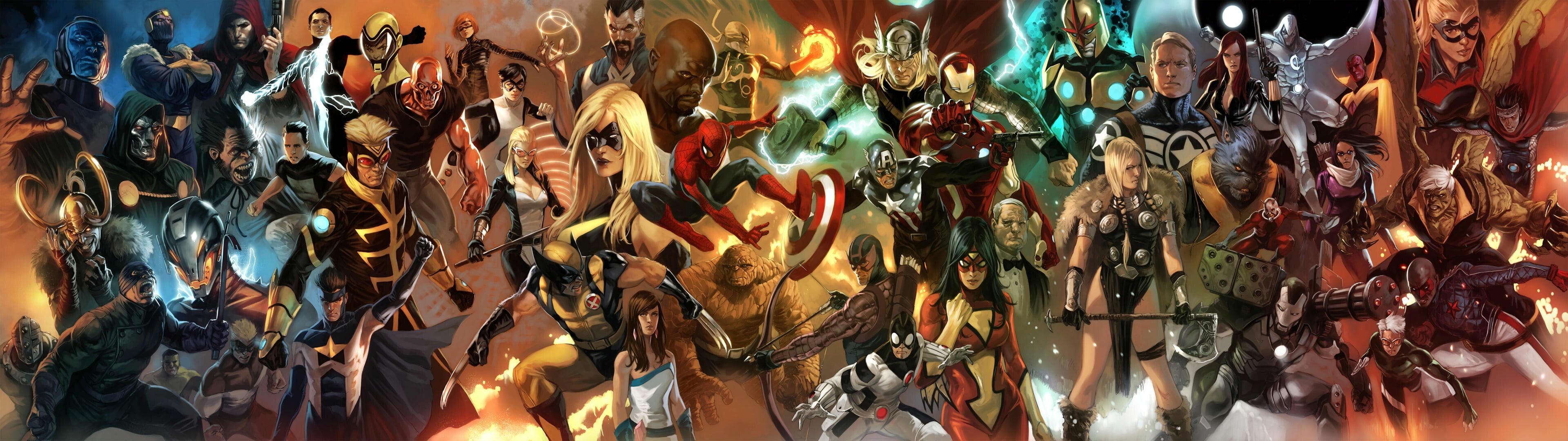 Marvel Heroes, Comics characters, Dual monitor setup, Comic book art, 3840x1080 Dual Screen Desktop