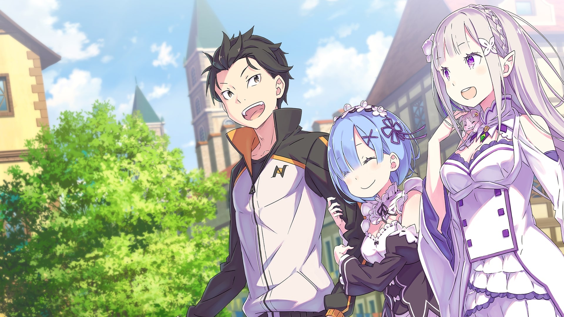 Subaru Natsuki, Rem, Emilia, Puck, Full HD Desktop wallpaper