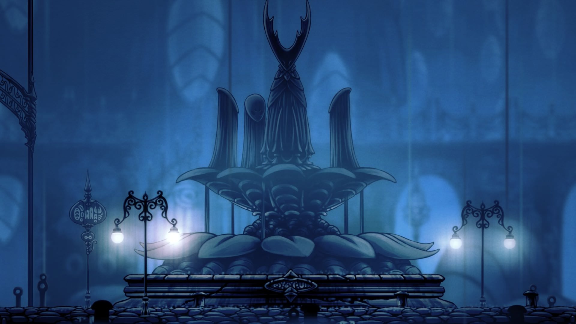 Memorial to Hollow Knight, City of Tears, Hallownest street lamps, Full HD Desktop wallpaper