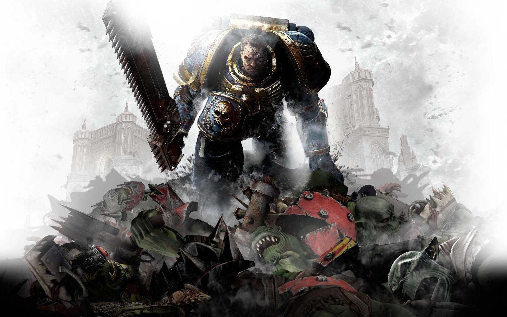 Captain Demetrian Titus, Ultramarines chainsword, Defeated Ork horde, HD Desktop wallpaper